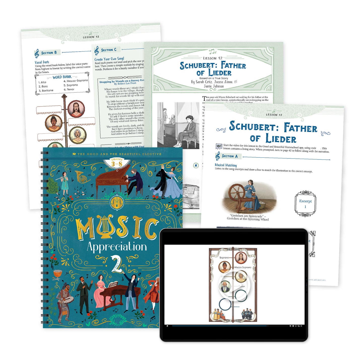 Music appreciation 2 collage with sample lesson pages and a web page preview | The Good and the Beautiful
