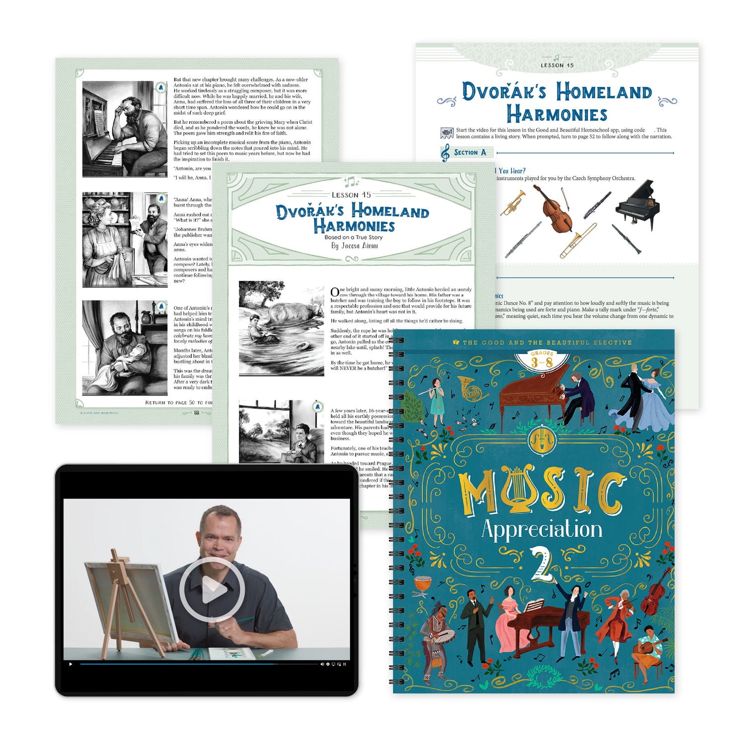 A collage of Music Appreciation 2 course book and sample pages | The Good and the Beautiful