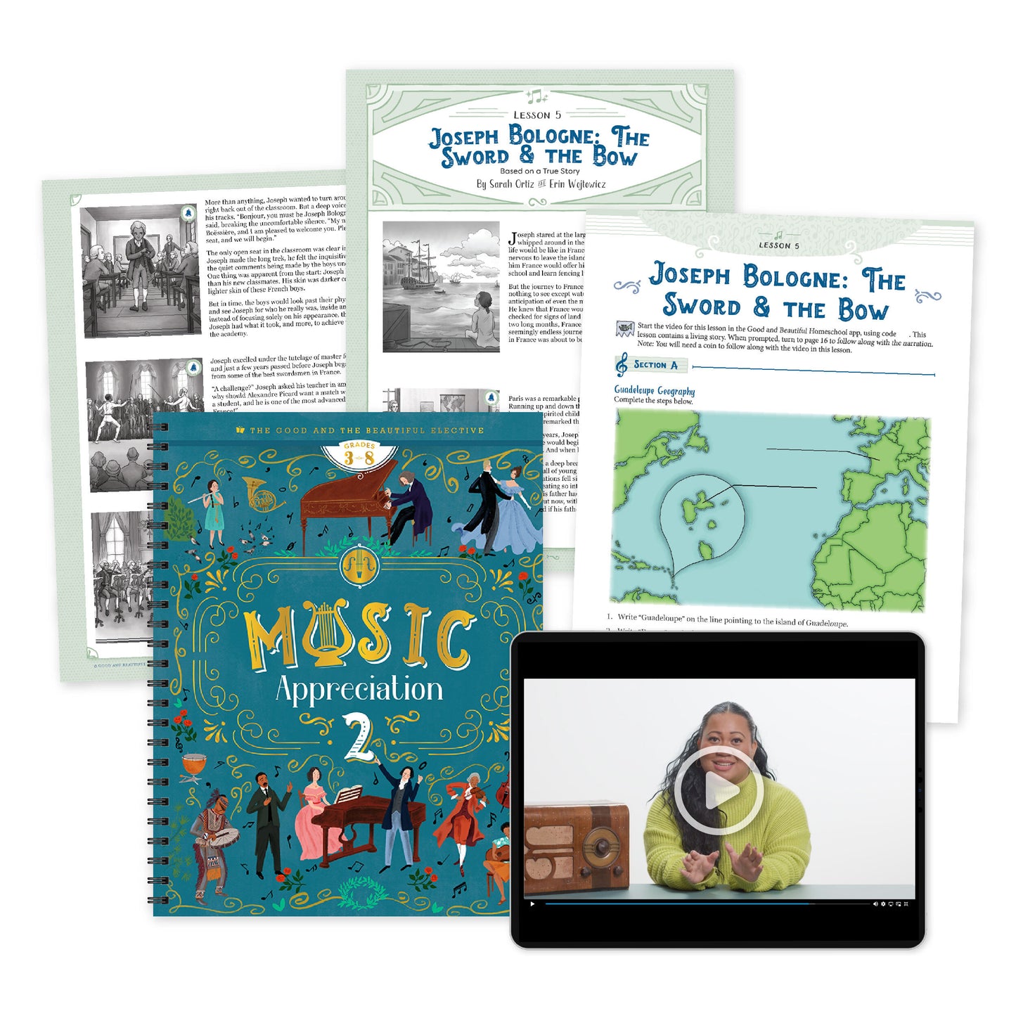 A collage of sample pages and video preview from Music Appreciation 2 | The Good and the Beautiful