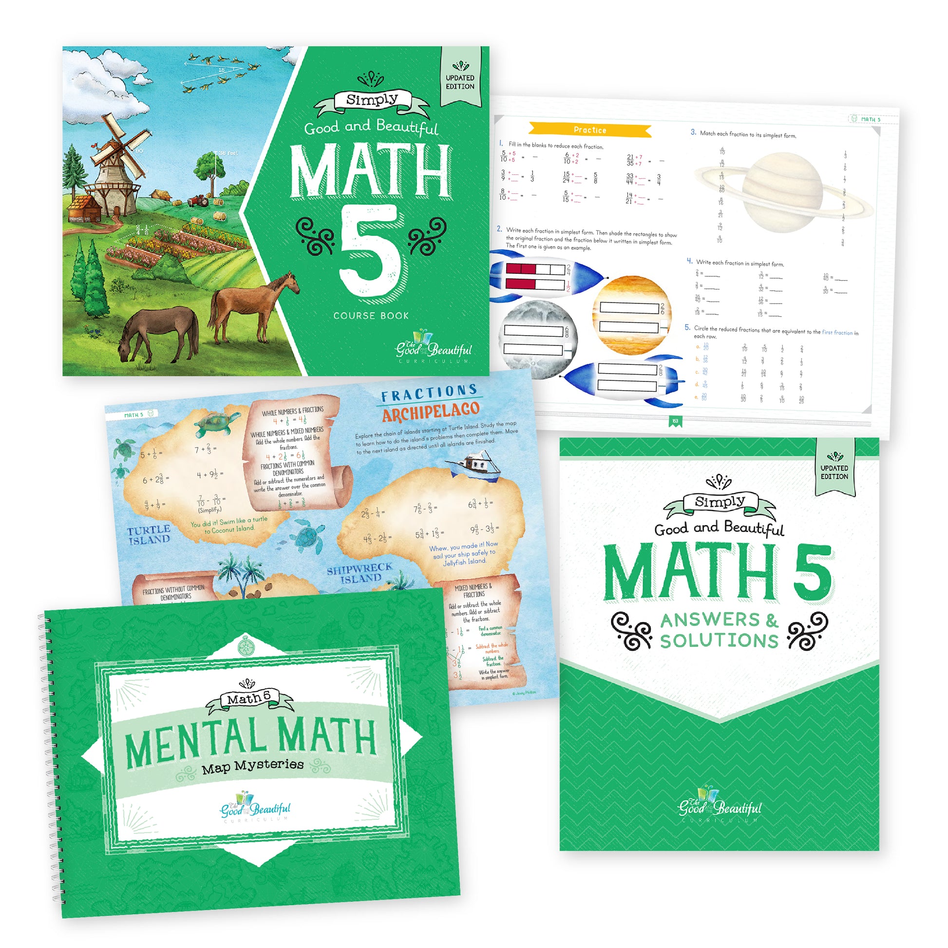 A set of Good and Beautiful Math 5 educational books and worksheets arranged on a white background, including a course book, mental math book, answers and solutions book, and practice sheets | The Good and the Beautiful