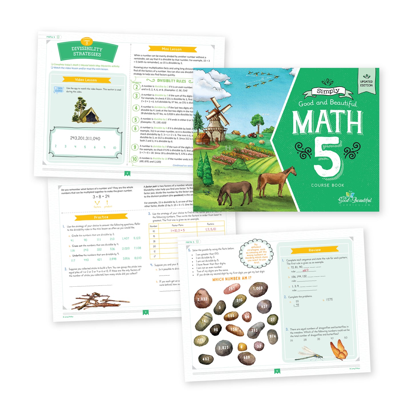 A children's math workbook set titled 'Simply Good and Beautiful Math 5 Course Book' shown with the cover and several interior pages on a white background | The Good and the Beautiful