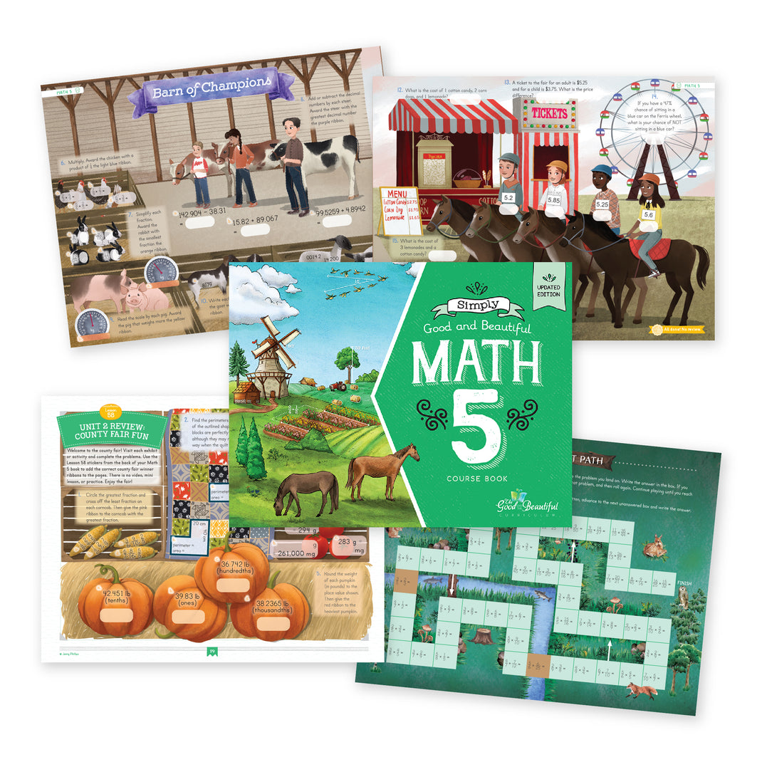 A collage of printed educational materials and a book cover for a children's math course book. The central item is a green book titled 'Math 5 Course Book' with illustrations of a windmill, field, and horses | The Good and the Beautiful