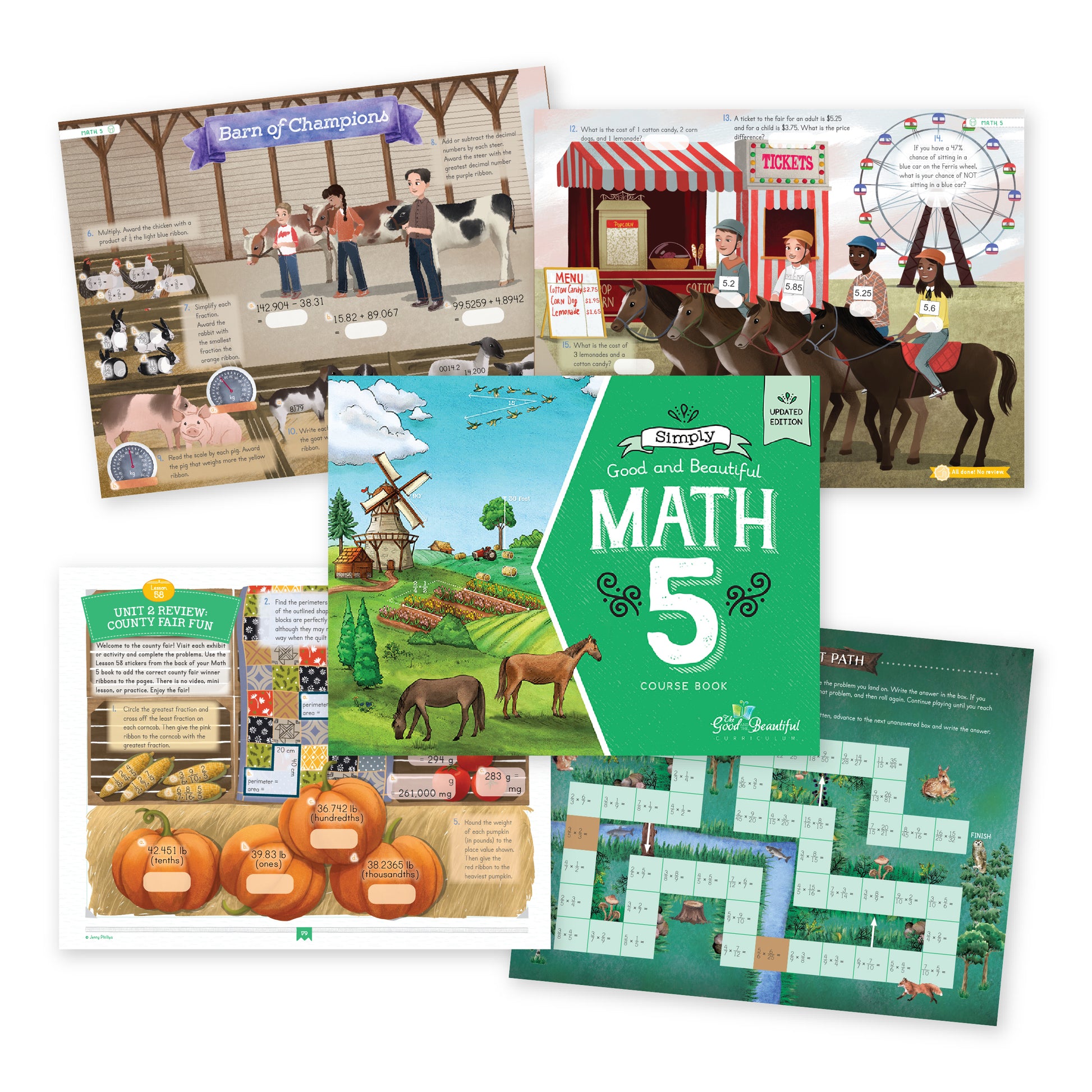 A collage of printed educational materials and a book cover for a children's math course book. The central item is a green book titled 'Math 5 Course Book' with illustrations of a windmill, field, and horses | The Good and the Beautiful