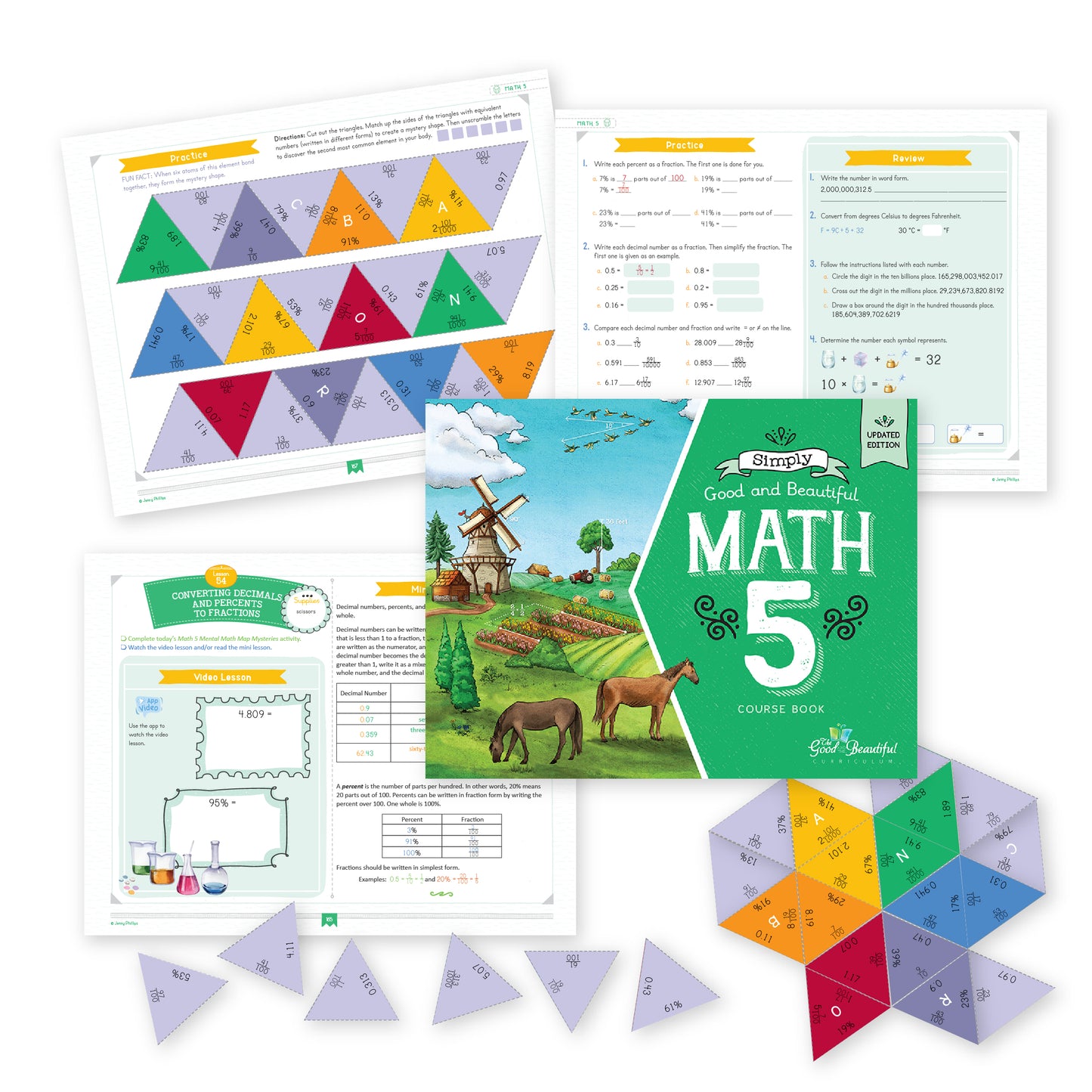 A children's math workbook set with a green cover titled 'Math 5' and several printed worksheet pages plus colorful geometric puzzle pieces arranged around it on a white background | The Good and the Beautiful