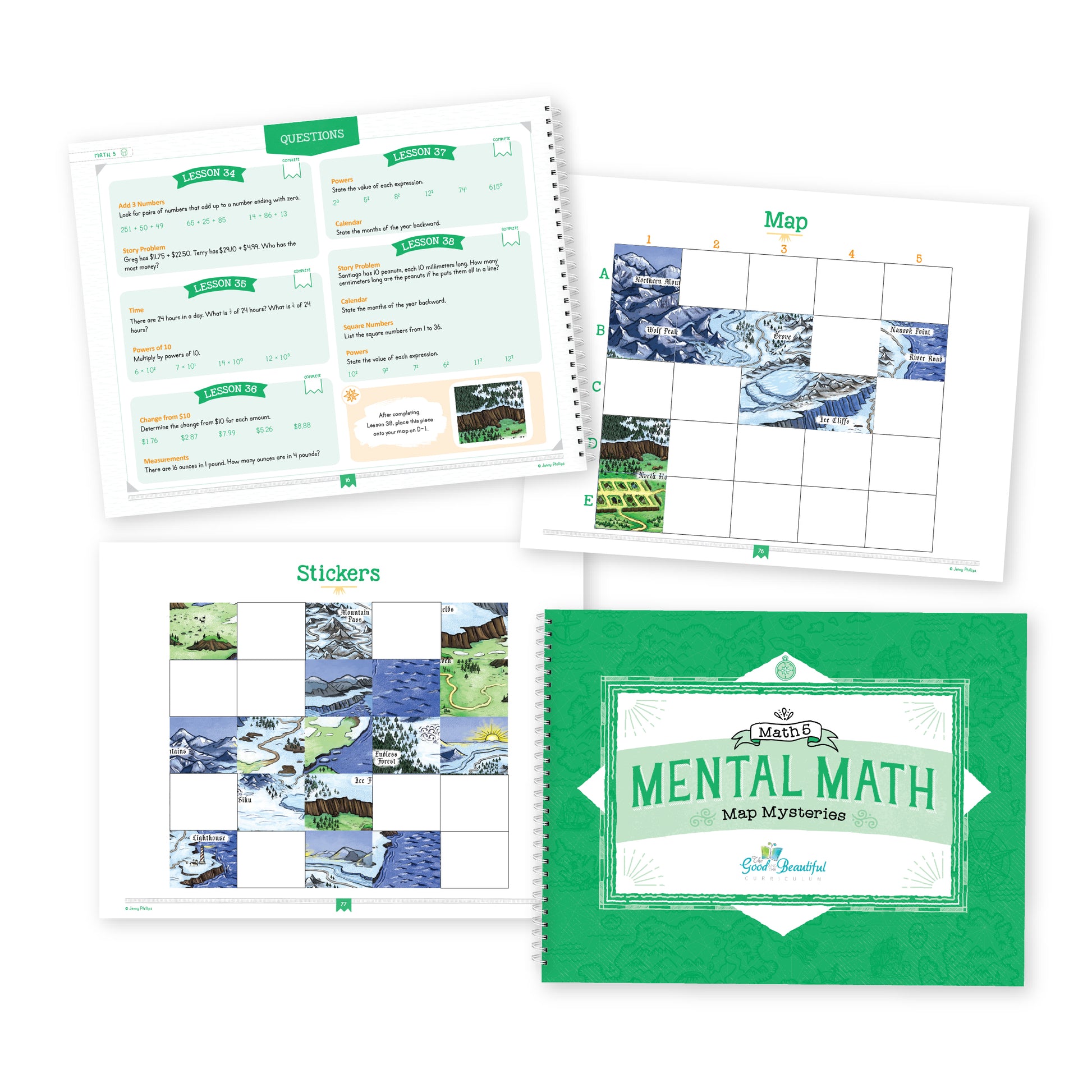 A set of educational math worksheets and a matching workbook cover arranged on a white background. The cover reads 'Simply Good and Beautiful Math 5 Math 5 Extra Practice Worksheets' with a green and white design | The Good and the Beautiful