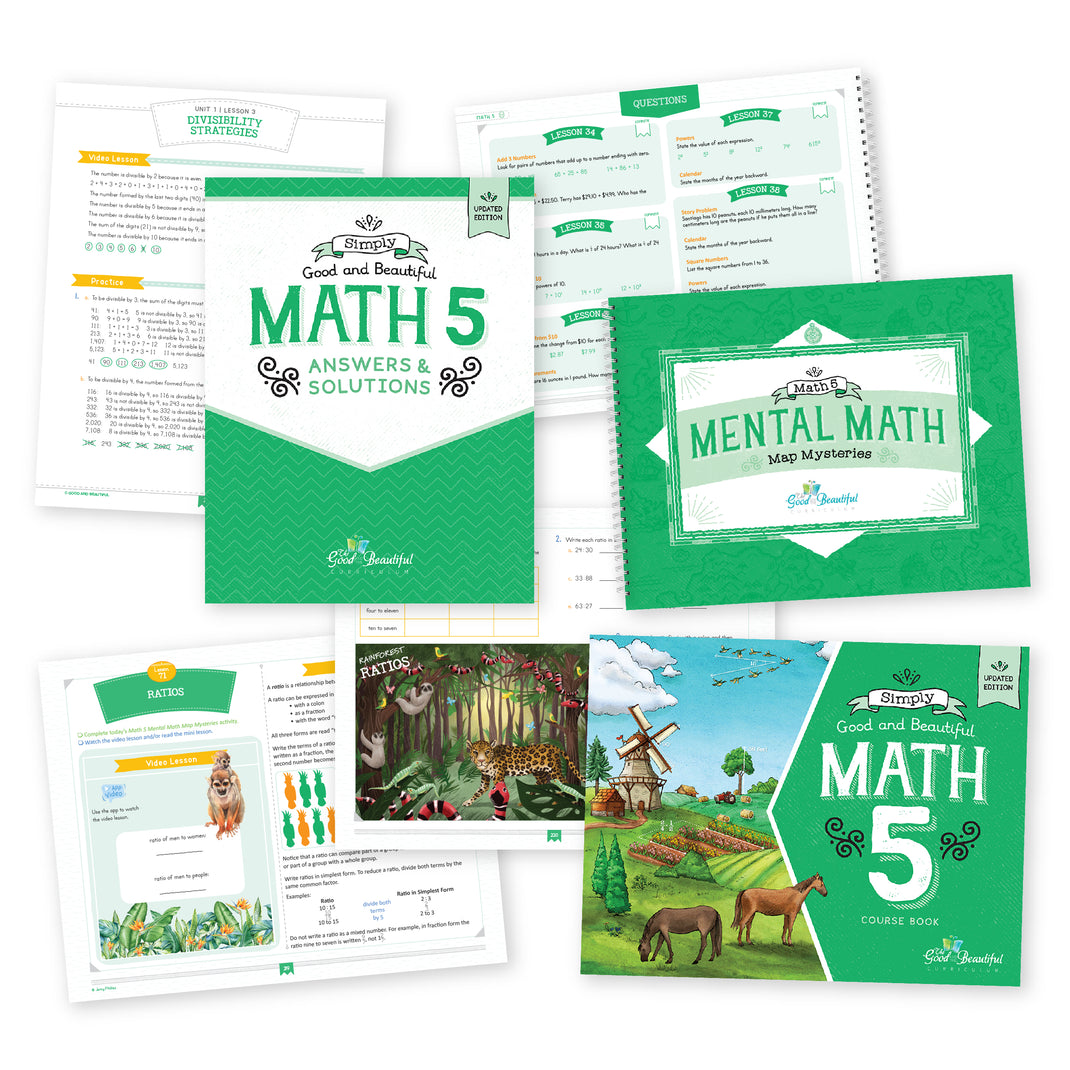 Simply Good and Beautiful Math 5 Cover and book spread | The Good and the Beautiful
