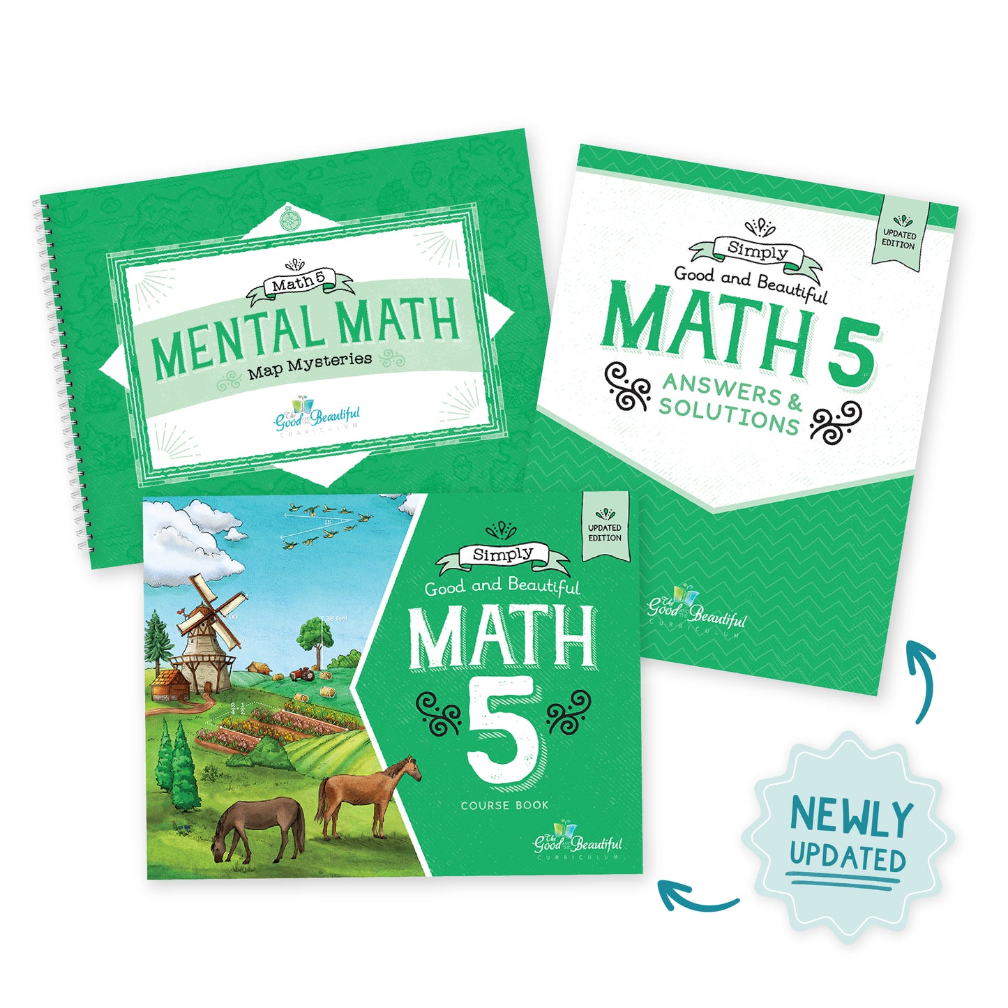 Three green and white math workbook covers arranged on a white background, with a light blue 'Newly Updated' badge near the bottom right. Visible text includes 'Simply Good and Beautiful', 'Math Mental Math Map Mysteries', 'Math Answers & Solutions', and 'Math Course Book' | The Good and the Beautiful