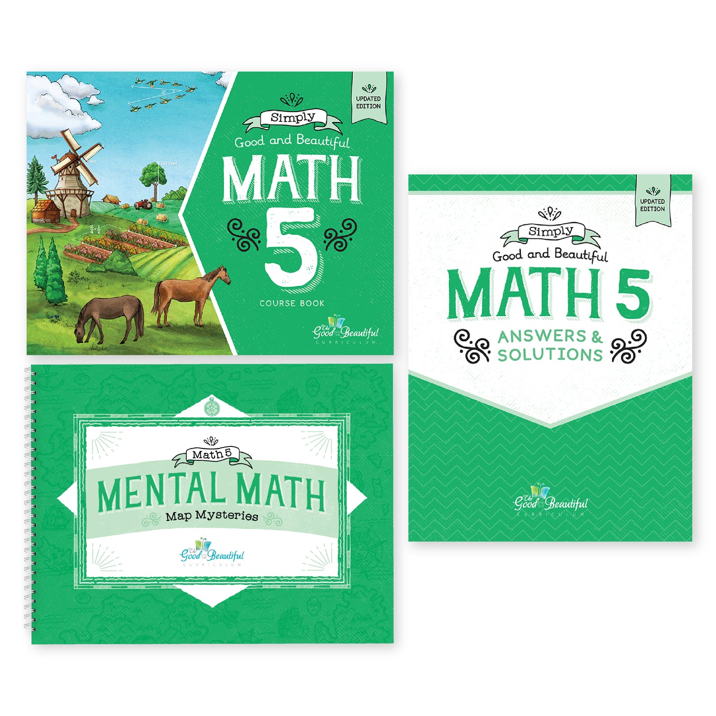 A set of educational book covers from Simply Good and Beautiful, including Math 5 Course Book, Answers & Solutions, and Mental Math Map Mysteries, shown on a plain white background | The Good and the Beautiful