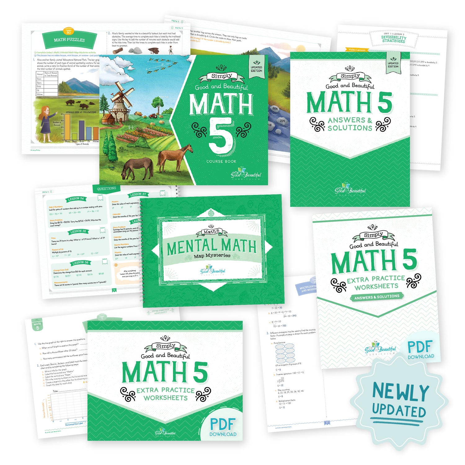 A collage of green and white educational worksheet booklets and pages for Math 5, including covers for answers and solutions, mental math, extra practice worksheets, and PDF download sheets, with a 'Newly Updated' badge | The Good and the Beautiful