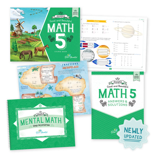 A set of educational math books and worksheets from BrainPrism, including 'Good and Beautiful Math 5 Course Book', 'Mental Math Map Mysteries', and 'Good and Beautiful Math Answers & Solutions', arranged on a white background with a 'Newly Updated' badge | The Good and the Beautiful
