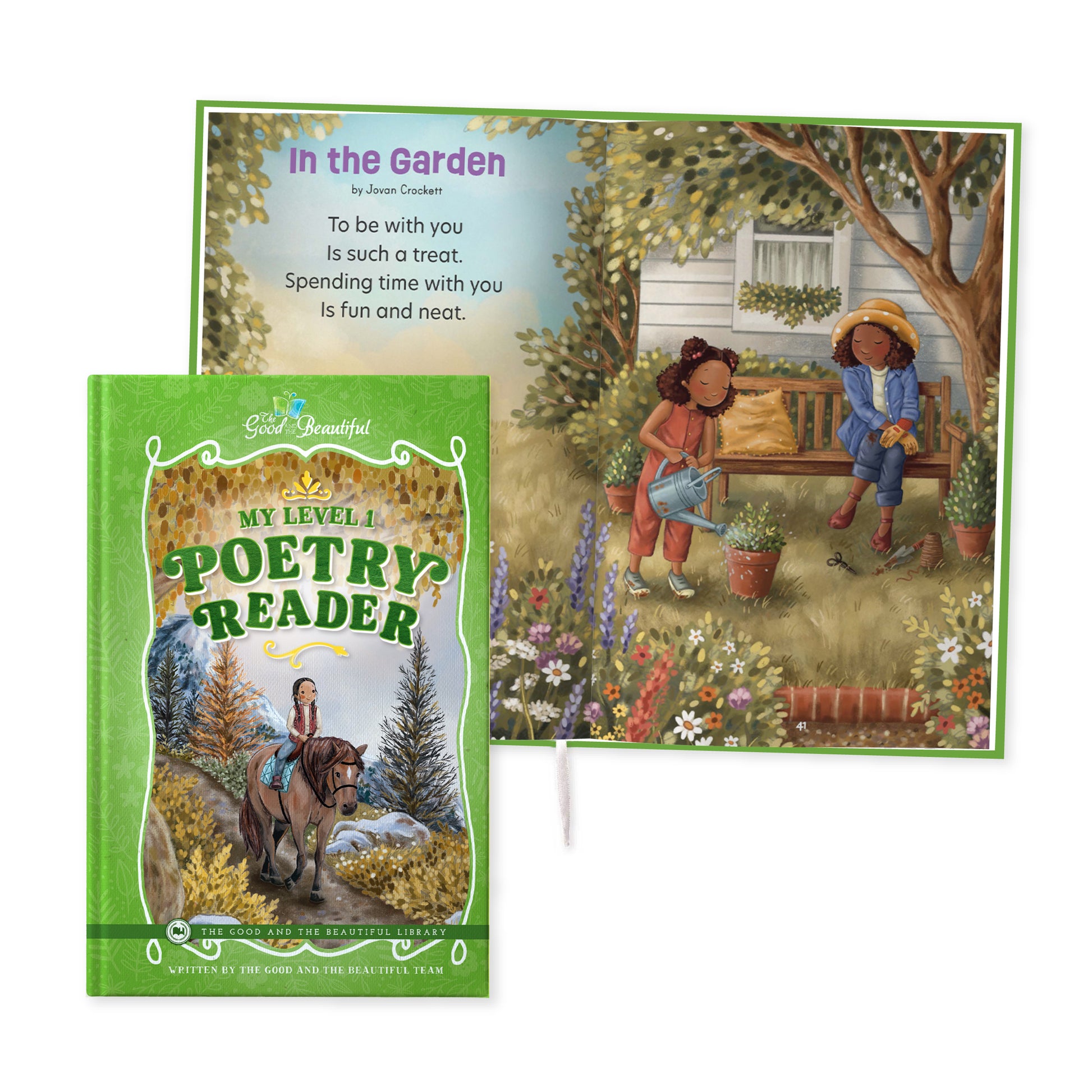The cover of the book "My Level 1 Poetry Reader" with a two-page spread showing the poem "In the Garden" | The Good and the Beautiful