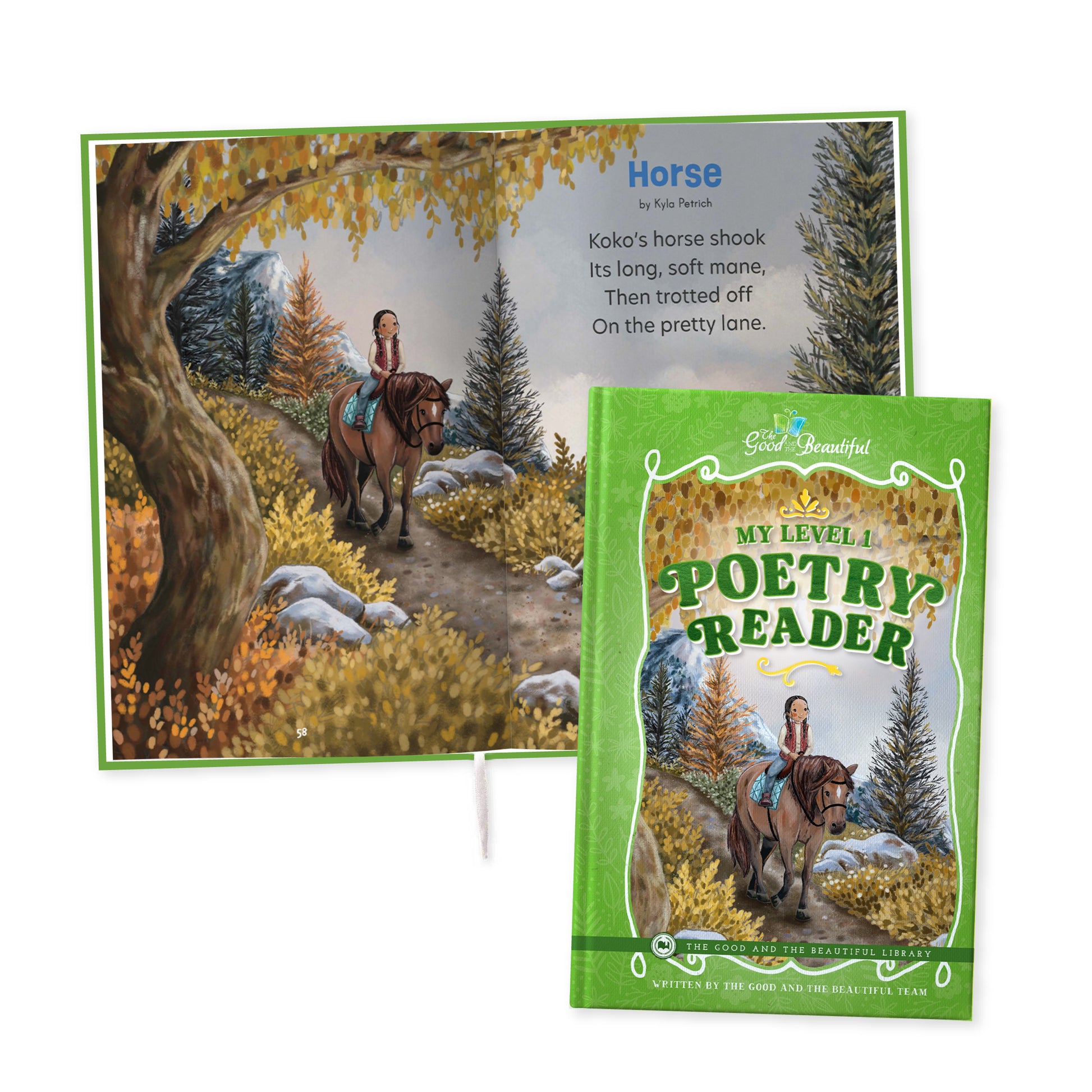 The cover of the book "My Level 1 Poetry Reader' by The Good and the Beautiful Team with a two-page spread of the poem "Horse"| The Good and the Beautiful