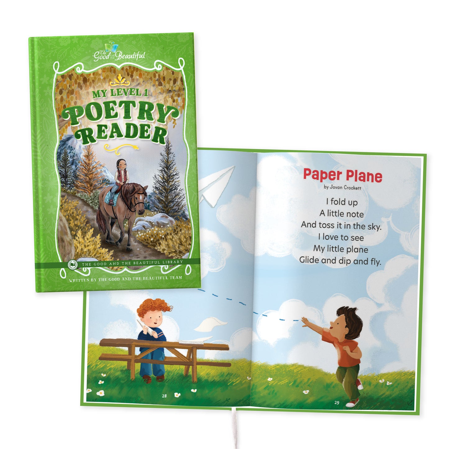 The cover of the book "My Level 1 Poetry Reader" and a preview of the poem "Paper Plane" | The Good and the Beautiful