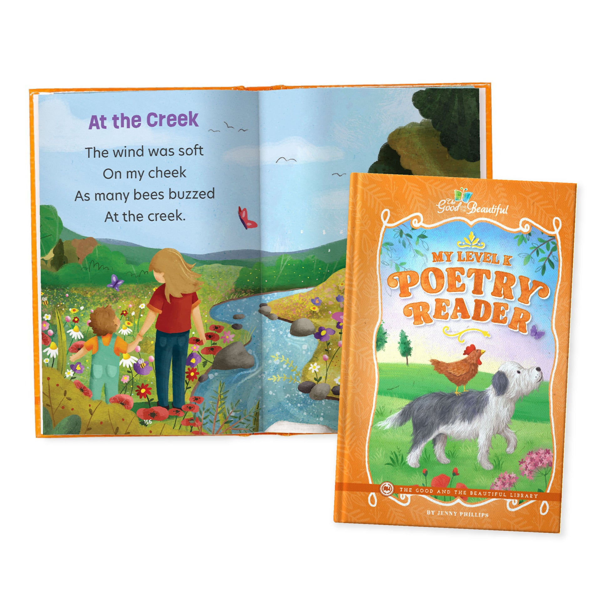 An open book with the poem "At the Creek" and the cover of "My Level K Poetry Reader" | The Good and the Beautiful