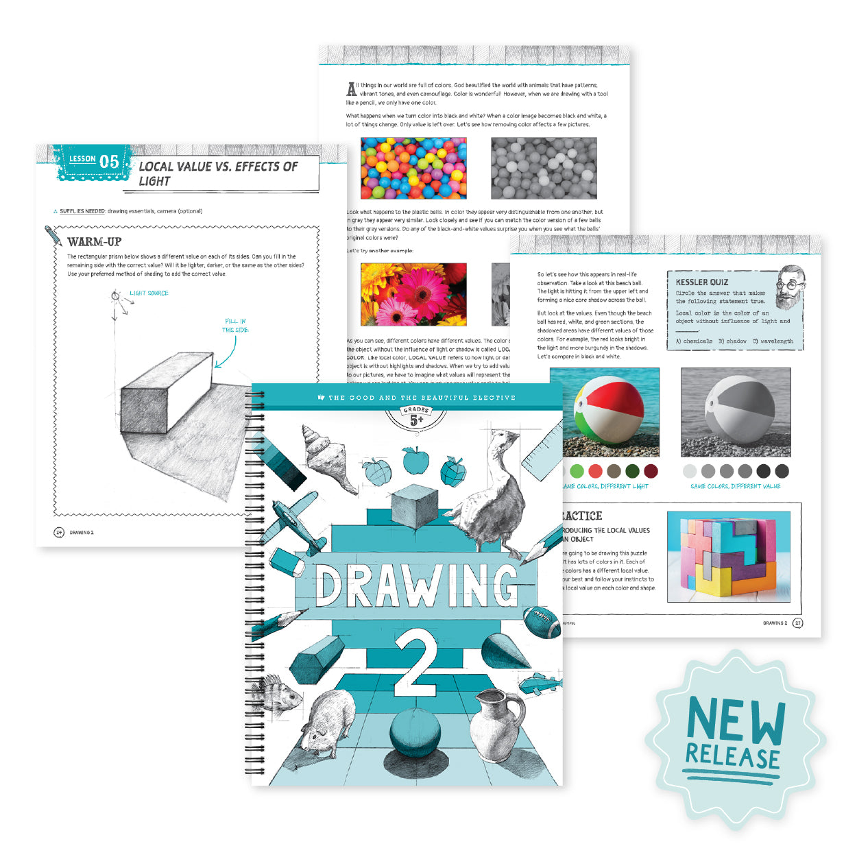 Drawing 2 course book with various page spreads | The Good and the Beautiful