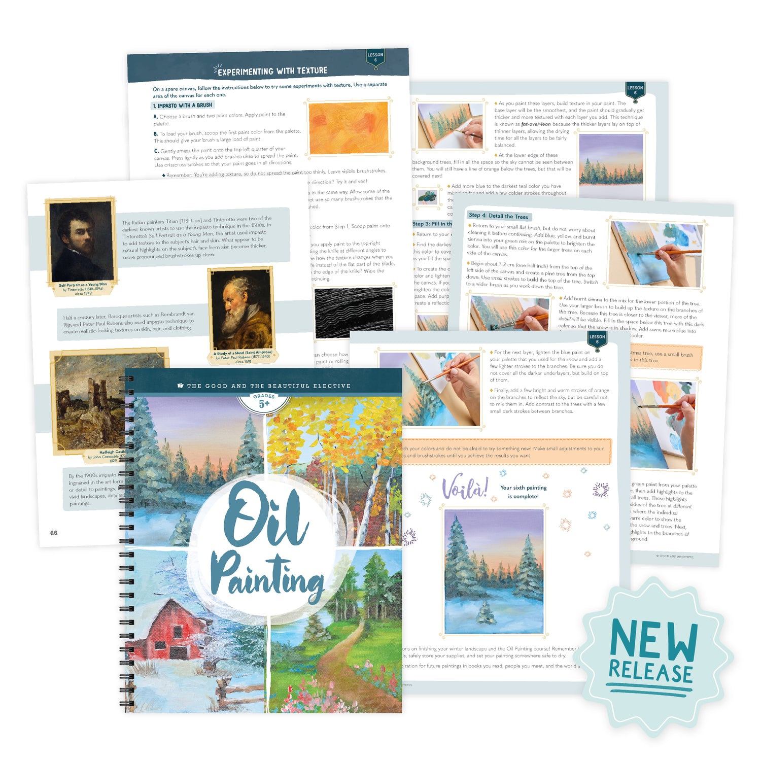 The elective Oil Painting with sample pages and a sticker that says "New Release" | The Good and the Beautiful