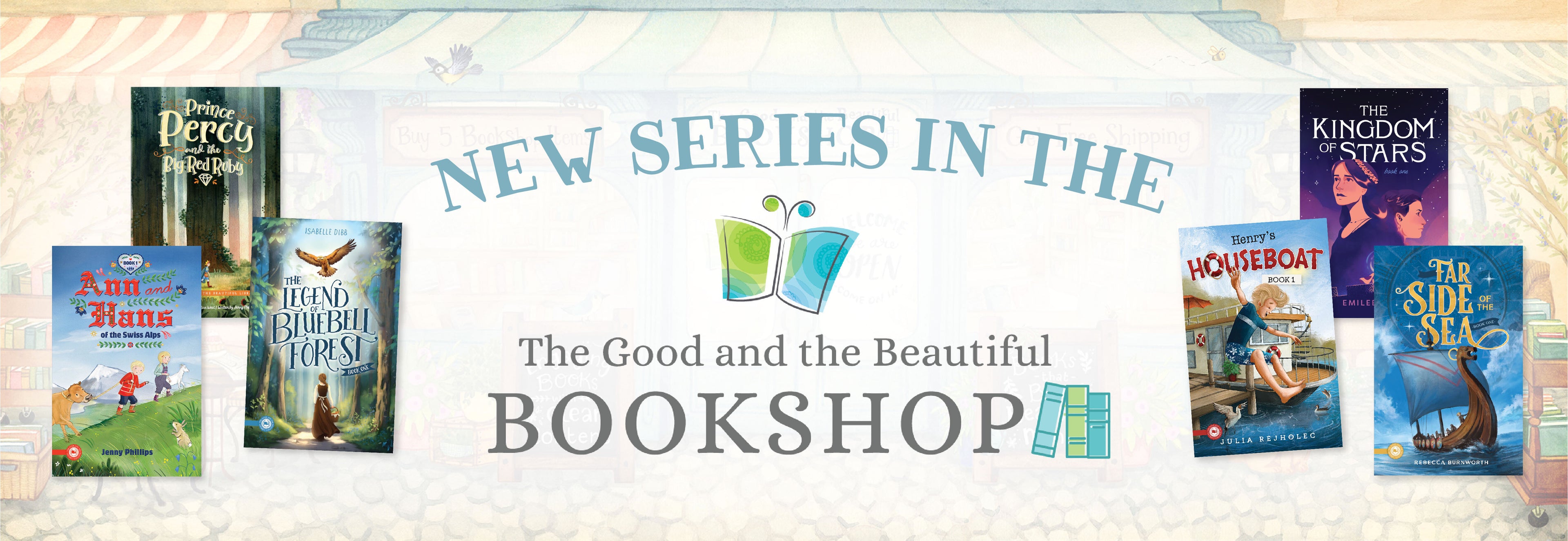 A banner with two collages of books with the text "New Series in the The Good and the Beautiful Bookshop" | The Good and the Beautiful