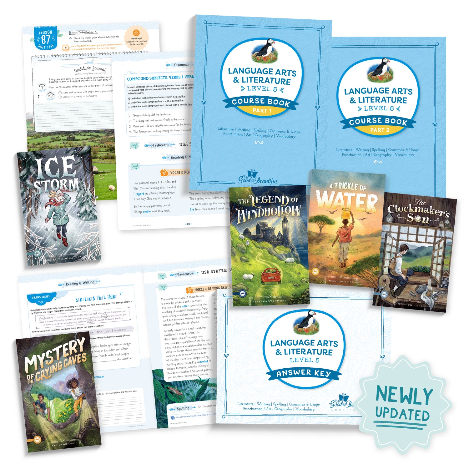 A collage of the Language Arts 5 course materials with a sticker that says "Newly Updated" | The Good and the Beautiful