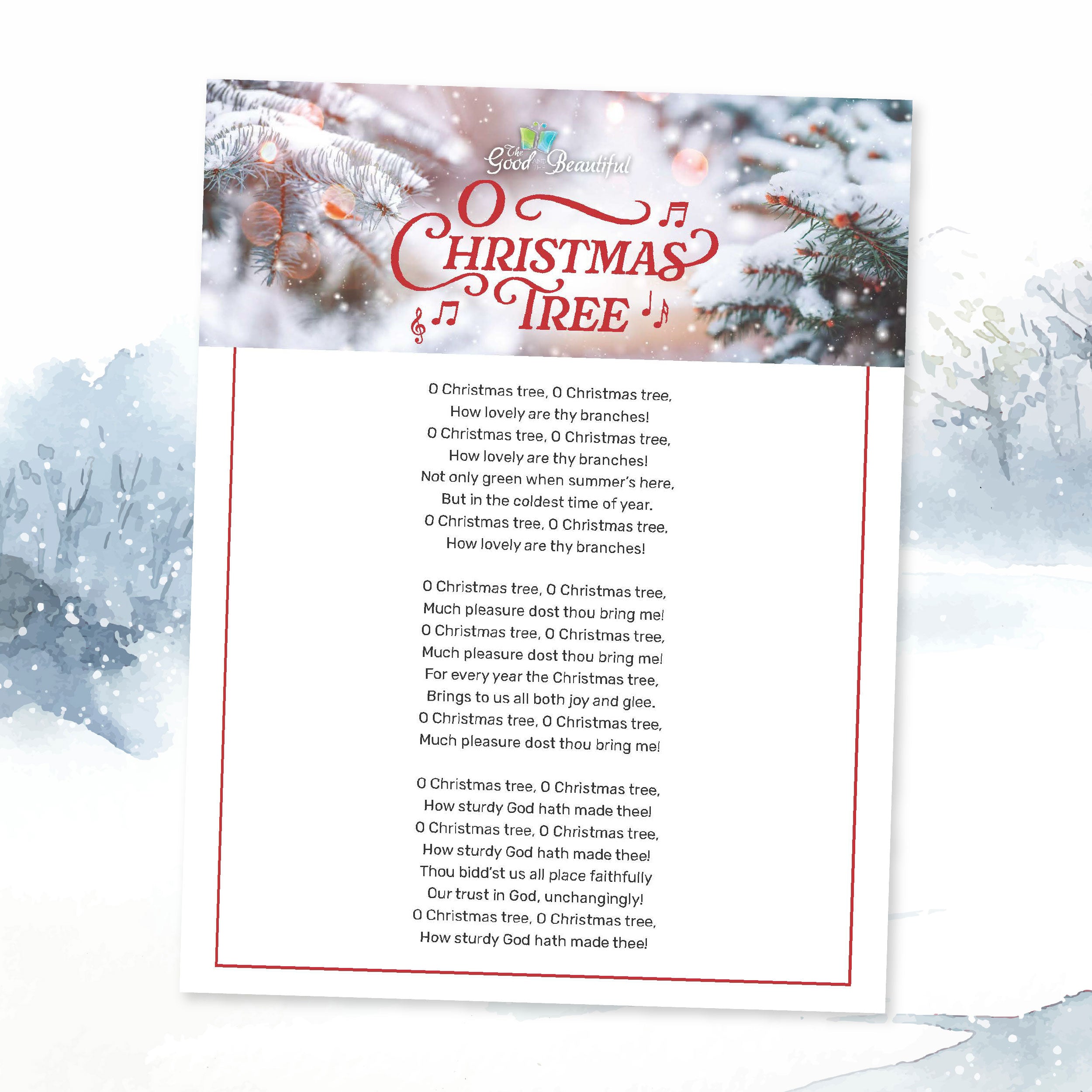 A page of lyrics for the song O Christmas Tree on top of an illustrated snowy forest background | The Good and the Beautiful