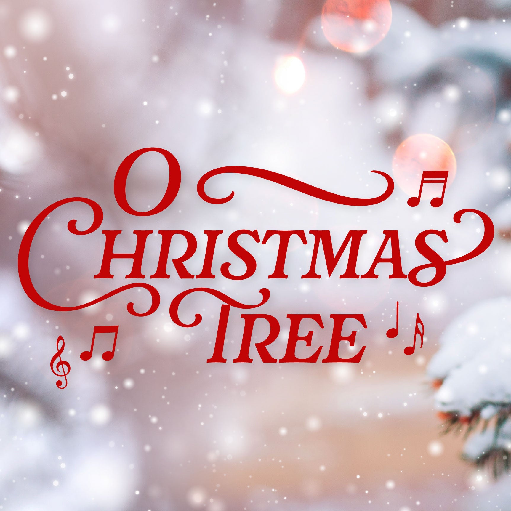 A wintery blurred background with the text O Christmas Tree and music notes around the text | The Good and the Beautiful
