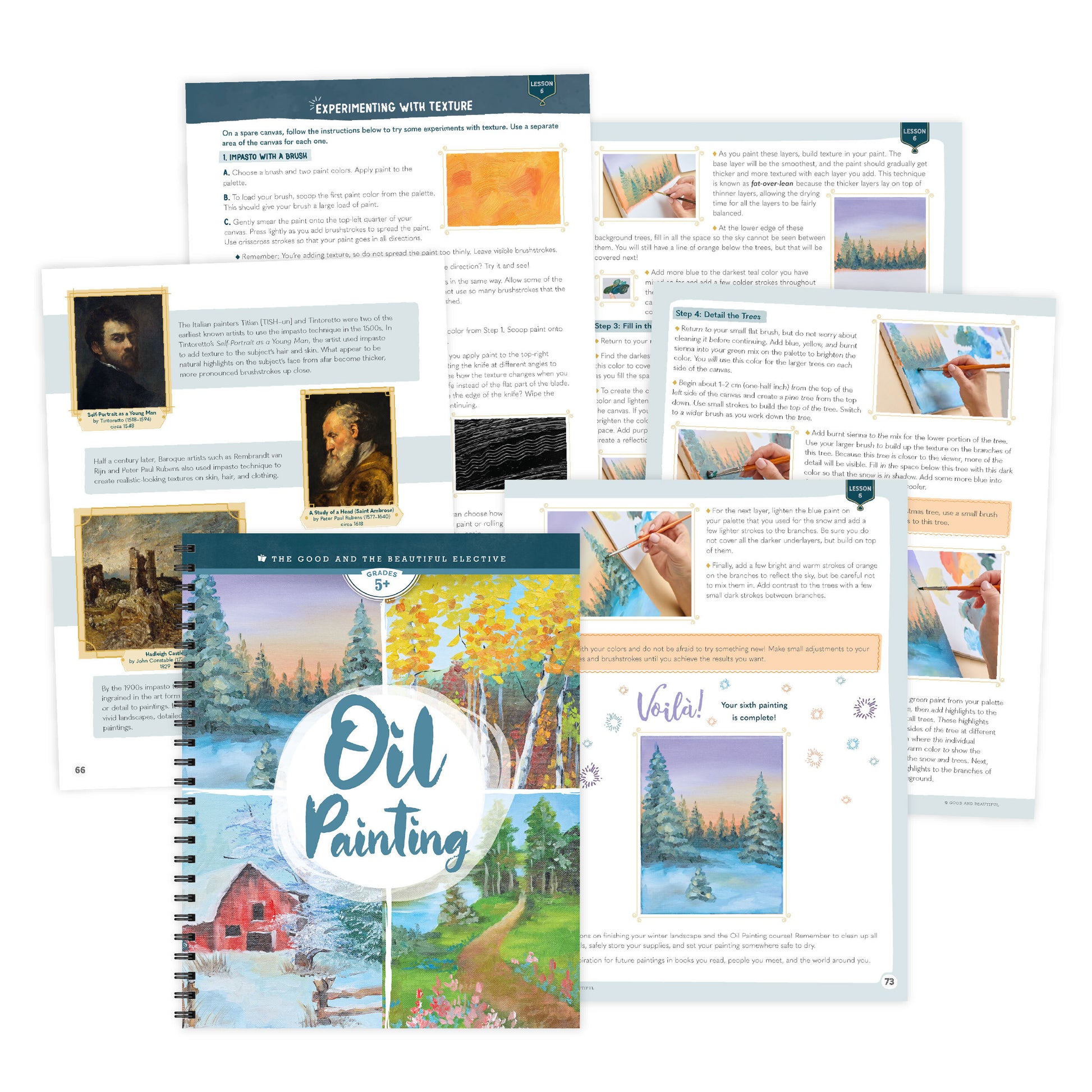 A collage of the Oil Painting elective cover and sample pages | The Good and the Beautiful