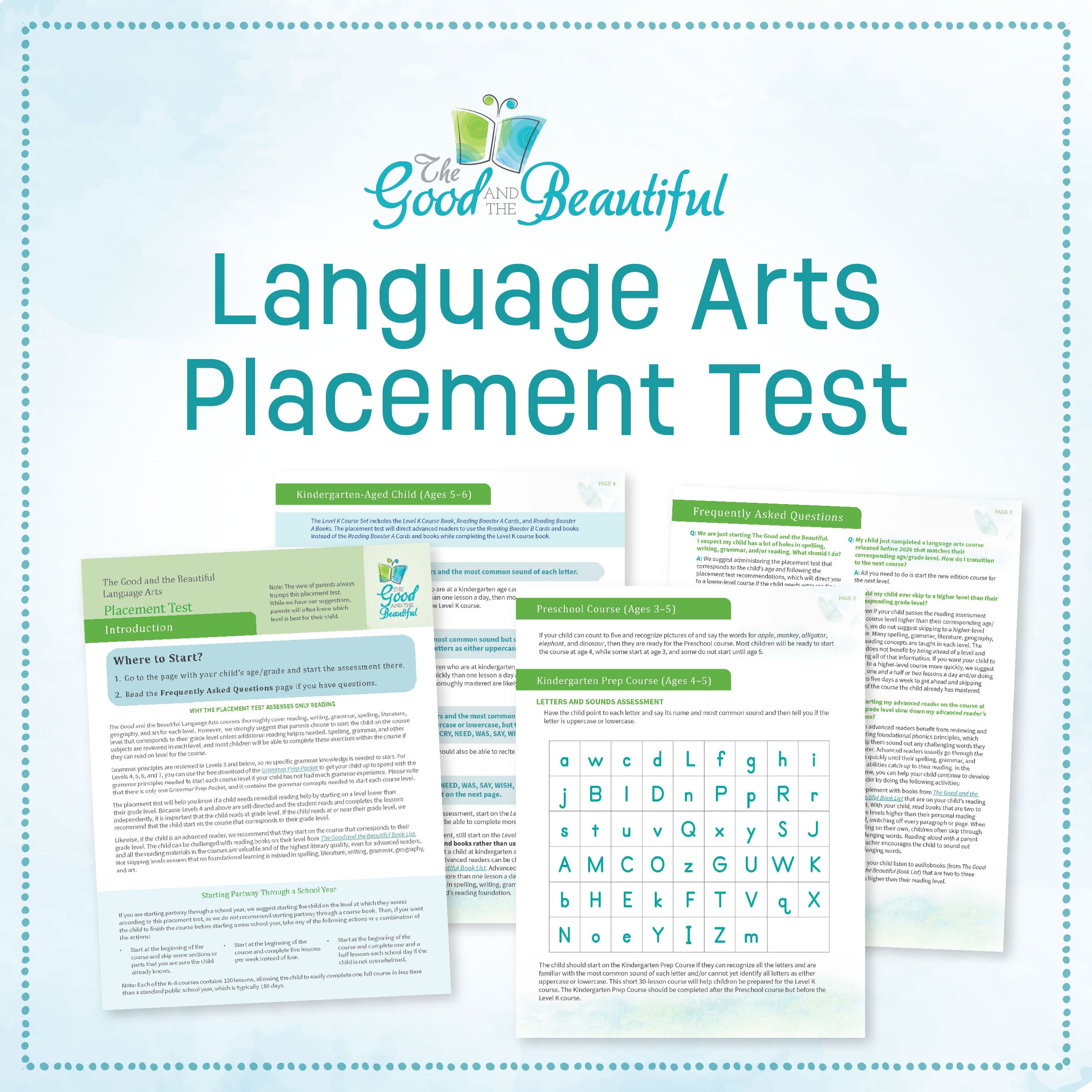 A collage of pages with the text "Language Arts Placement Test" | The Good and the Beautiful