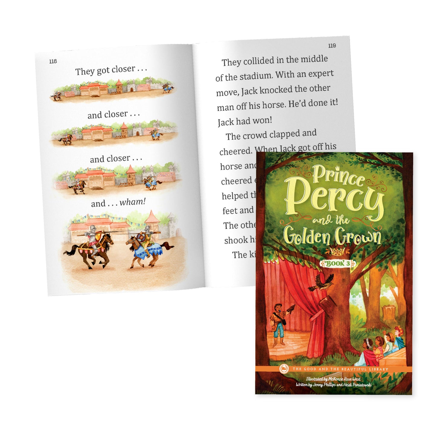 The book cover of "Prince Percy and the Golden Crown" with two pages from the story | The Good and the Beautiful
