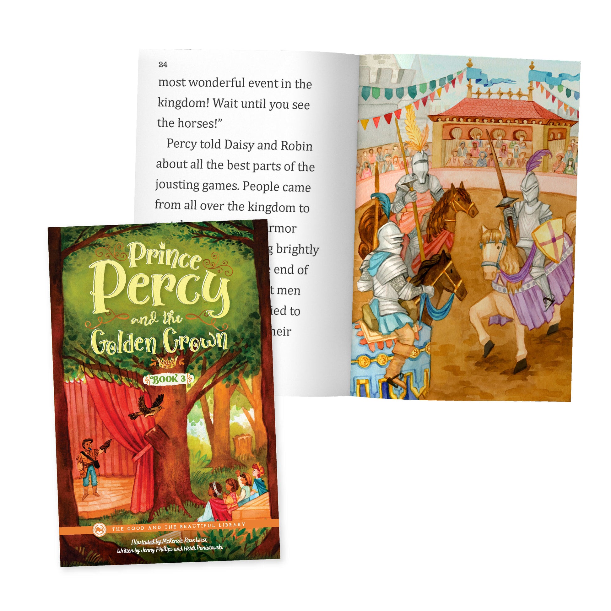 The book "Prince Percy and the Golden Crown" with a preview of page 24 showing knights on horses | The Good and the Beautiful