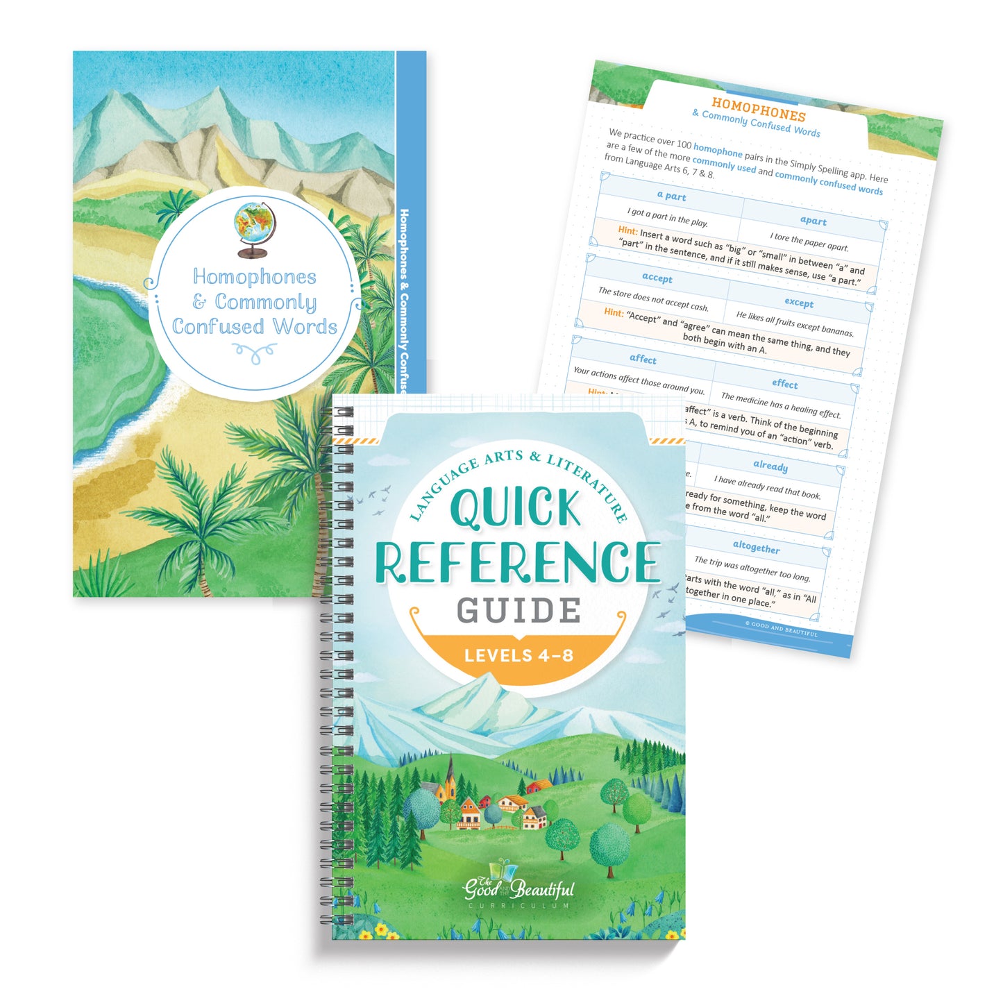 A collage of pages for the Language Arts & Literature Quick Reference Guide for levels 4-8 | The Good and the Beautiful