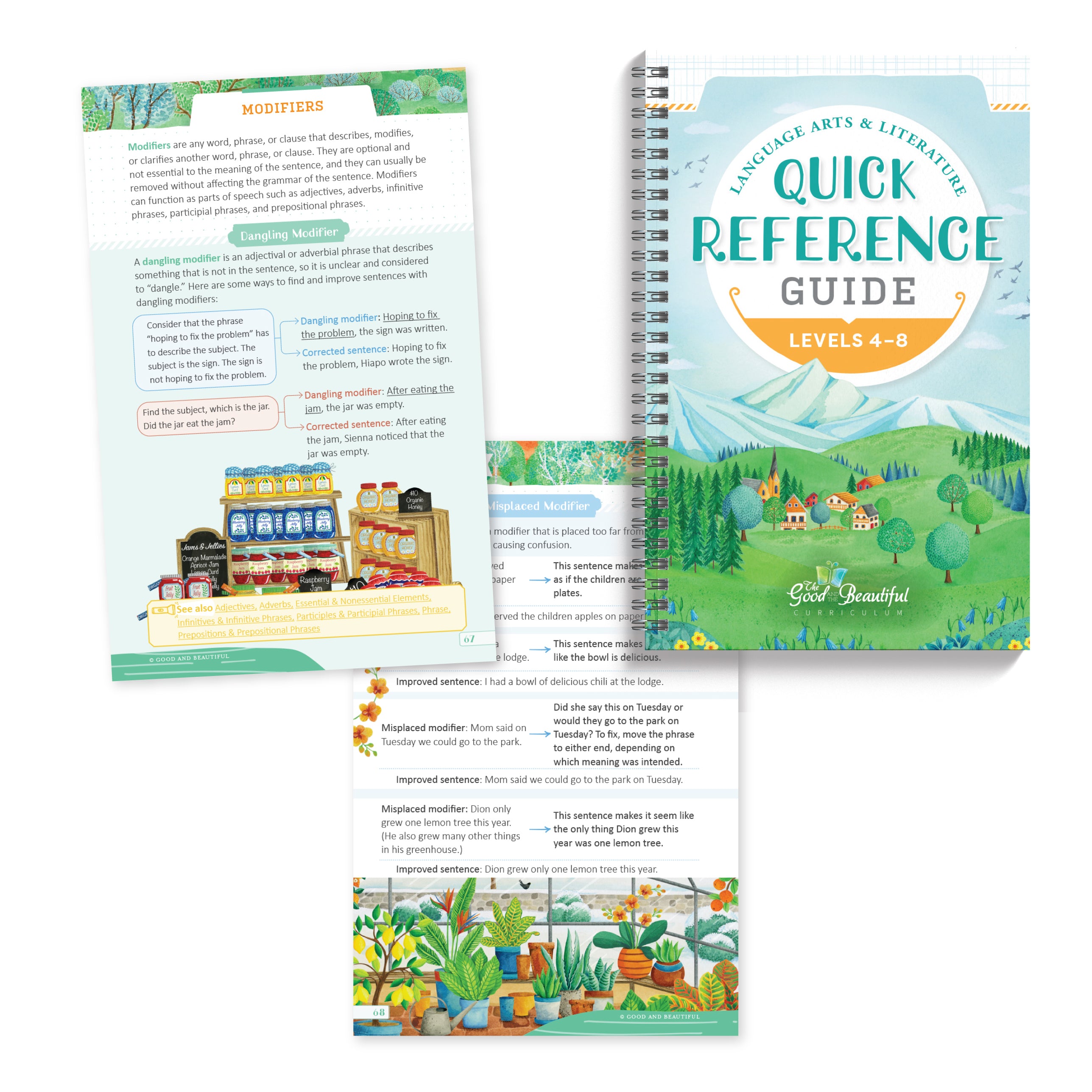 A collage of pages showing the Language Arts & Literature Quick Reference Guide for levels 4-8 | The Good and the Beautiful