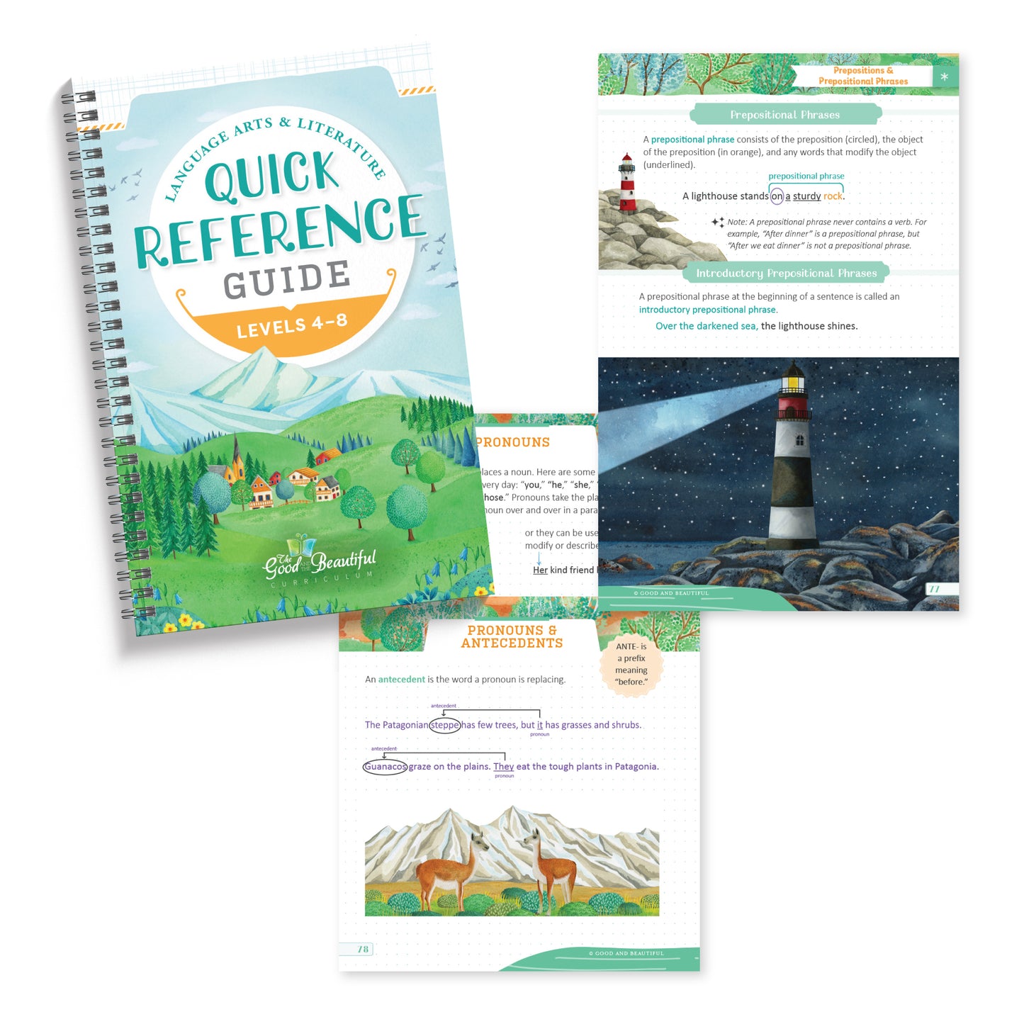 A collage showing pages from the Language Arts & Literature Quick Reference Guide for levels 4-8 | The Good and the Beautiful