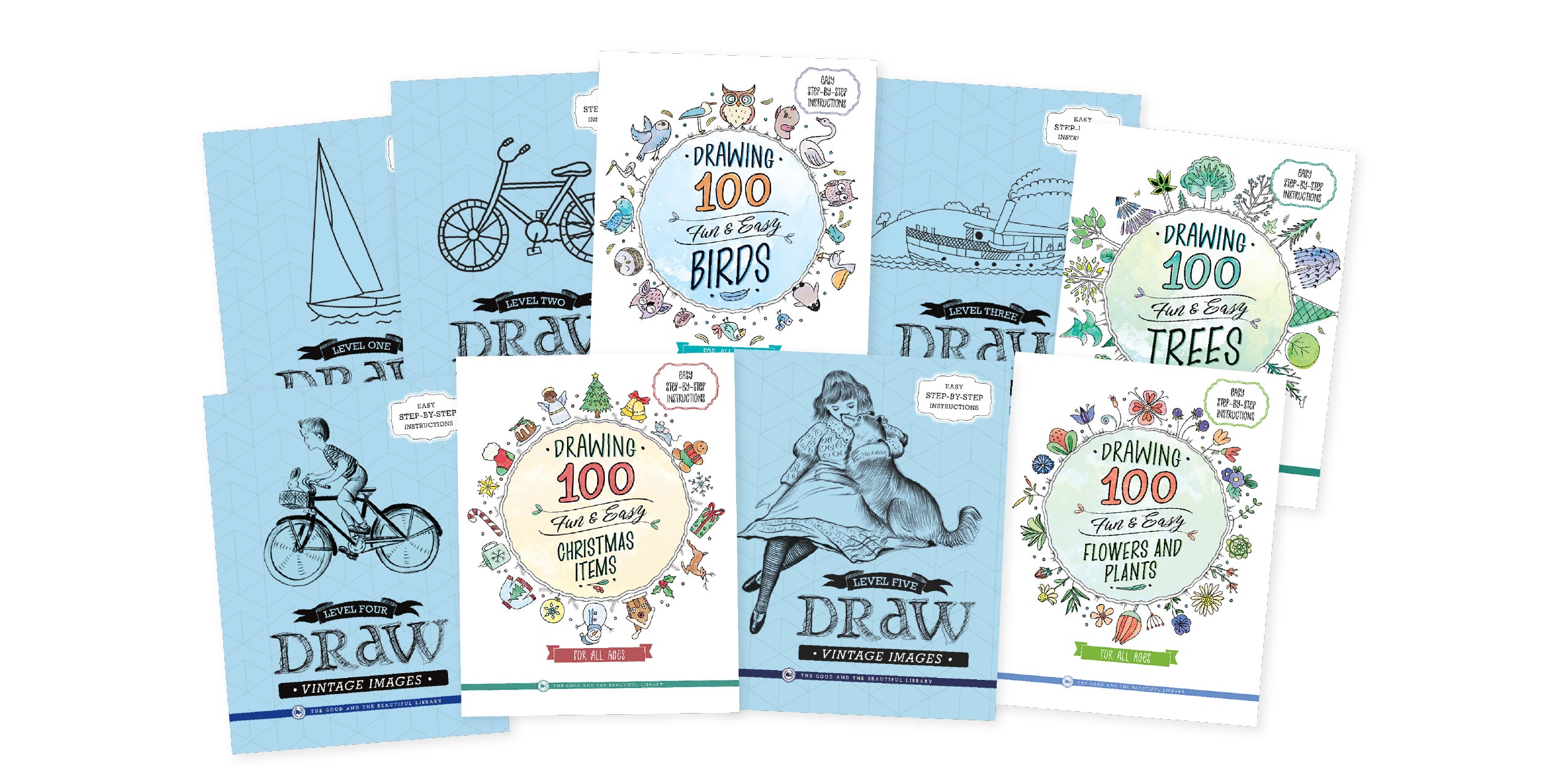 A collage of the drawing course books | The Good and the Beautiful