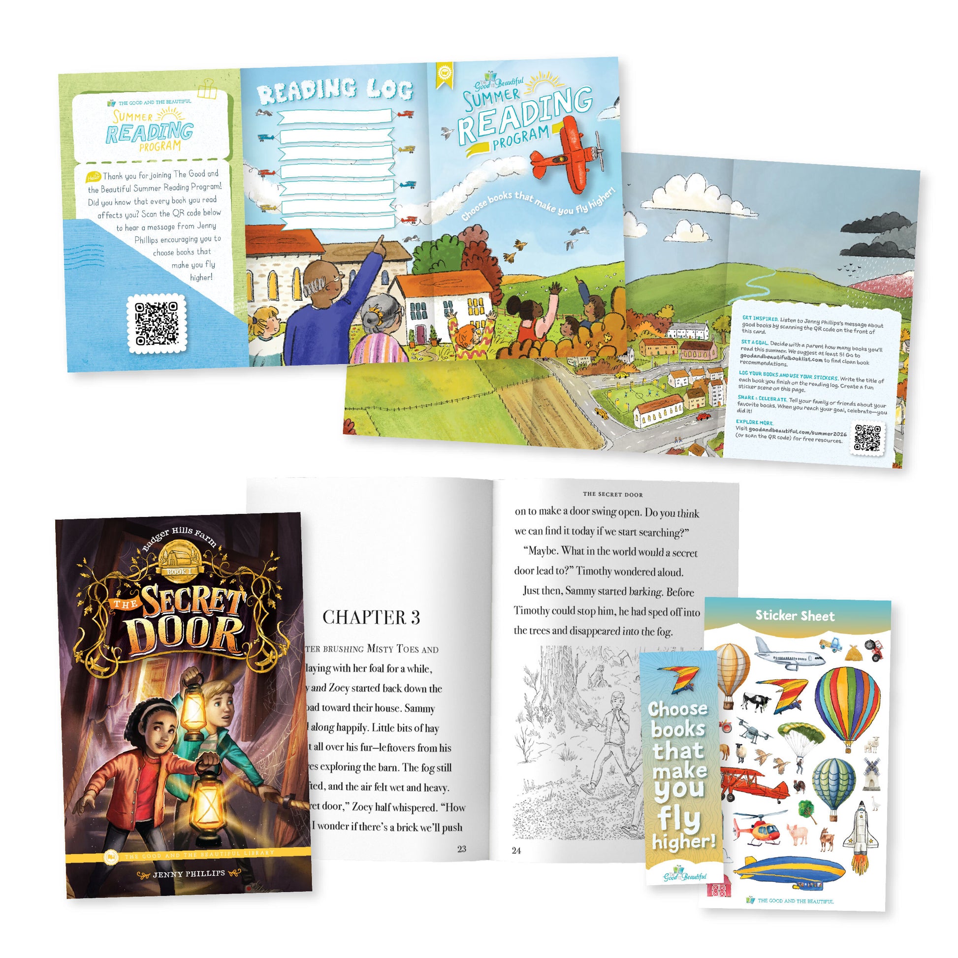A collage of materials for the Summer Reading Program including the book "The Secret Door" | The Good and the Beautiful