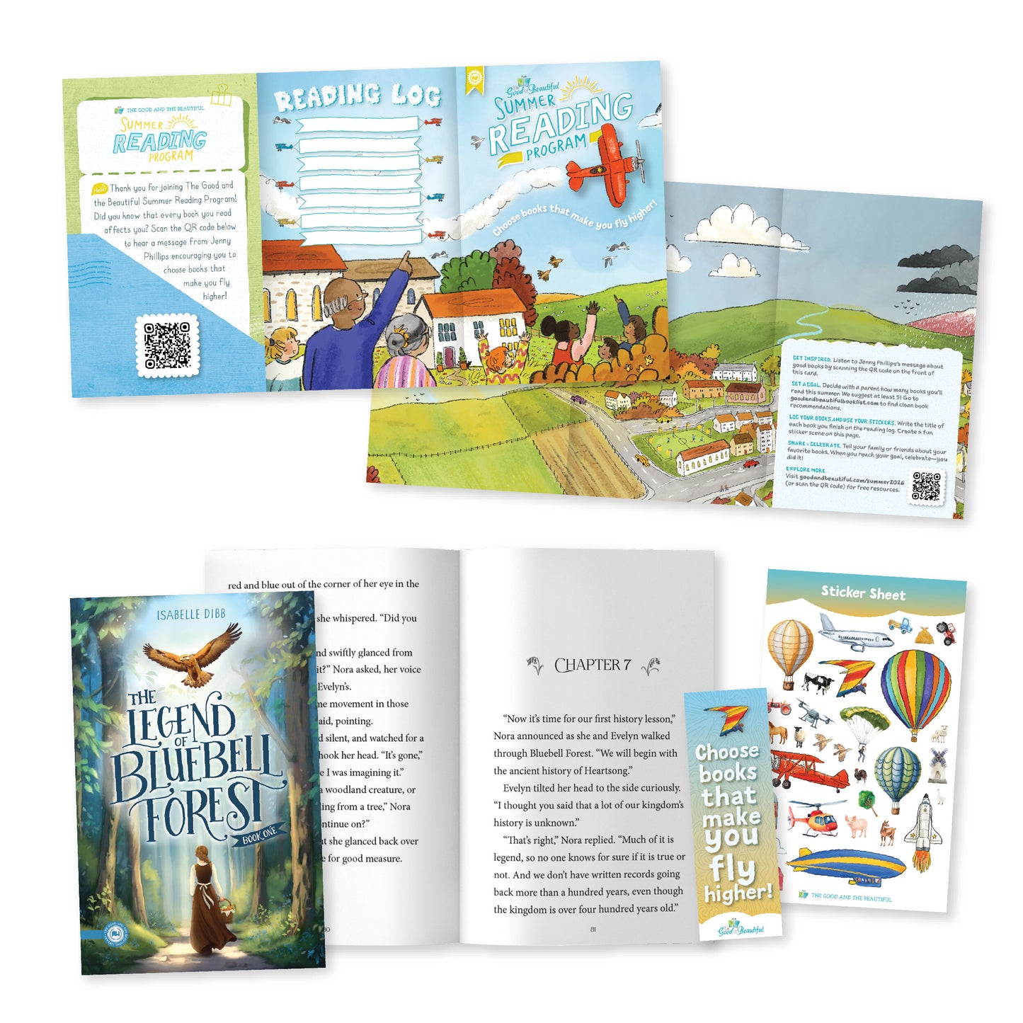 A collage of the Summer Reading Program materials with the book "The Legend of Bluebell Forest" | The Good and the Beautiful