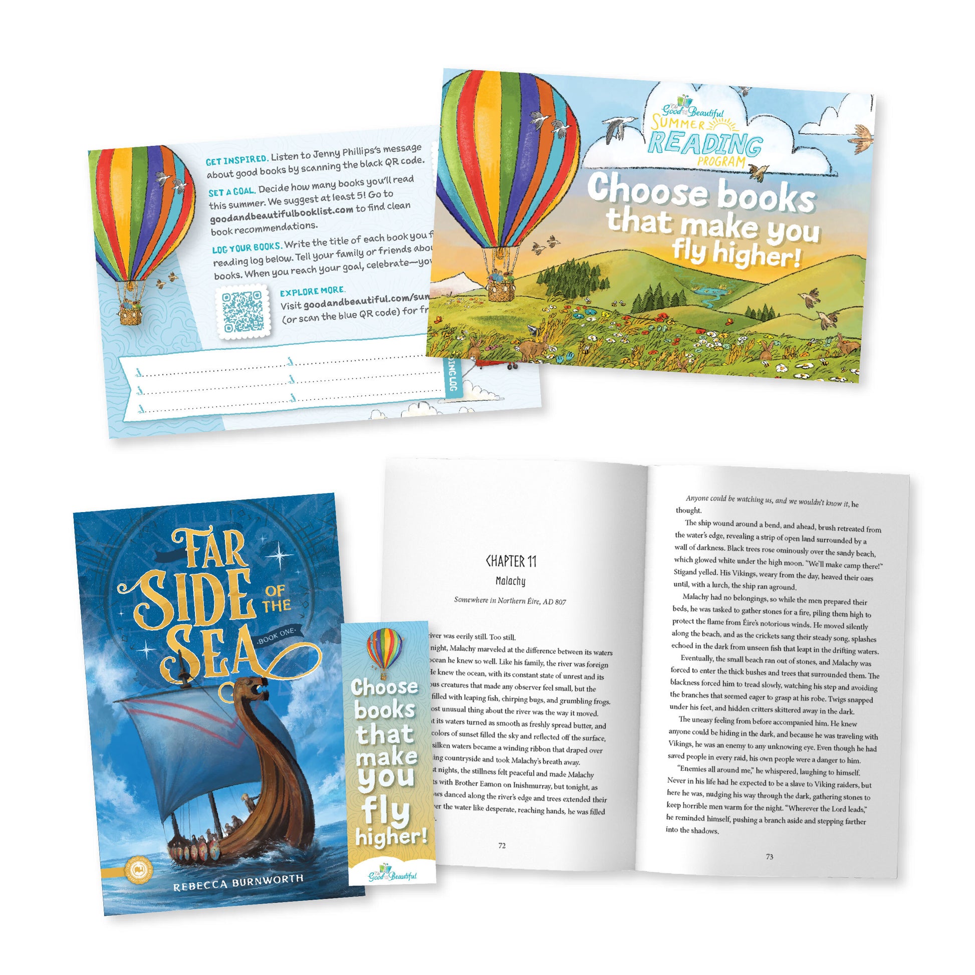 A collage of materials for the Summer Reading Program with the book "Far Side of the Sea" | The Good and the Beautiful