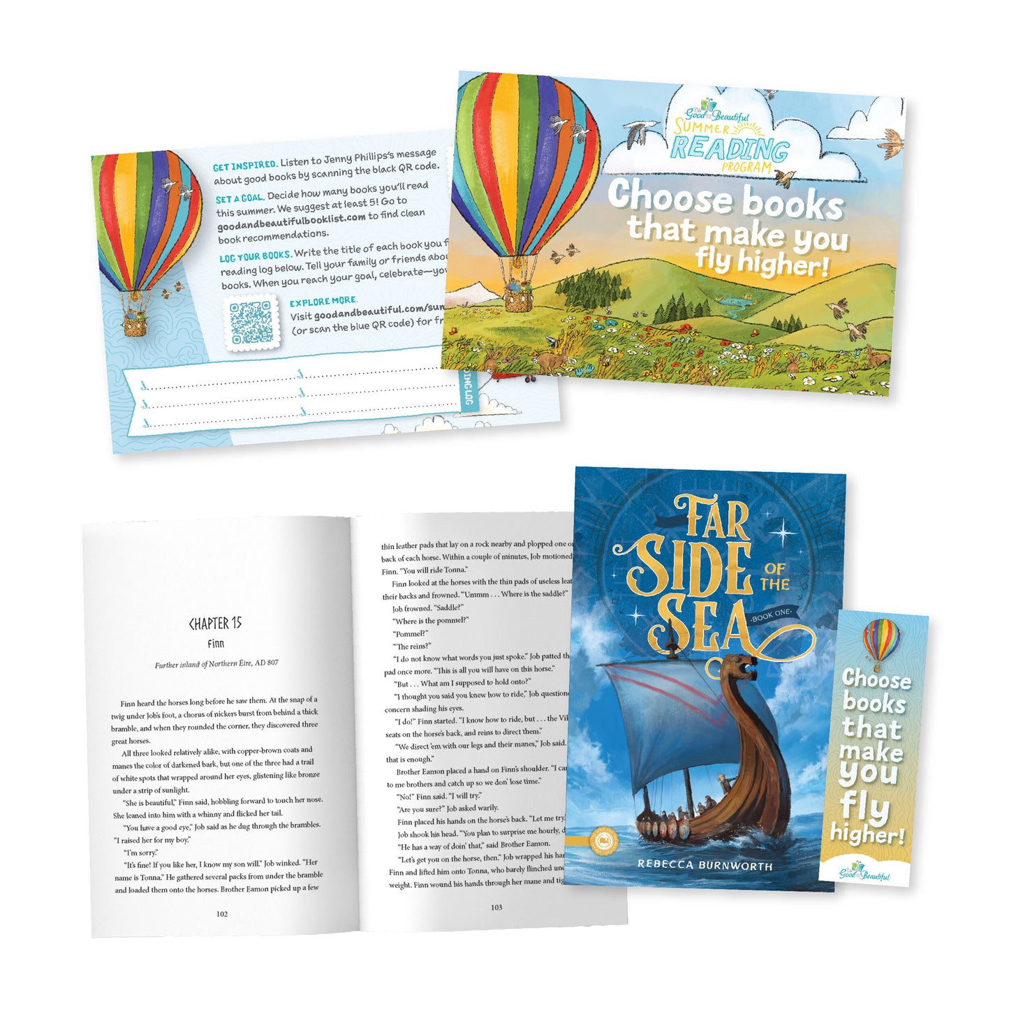 A collage of the Summer Reading Program materials with the book "Far Side of the Sea" | The Good and the Beautiful