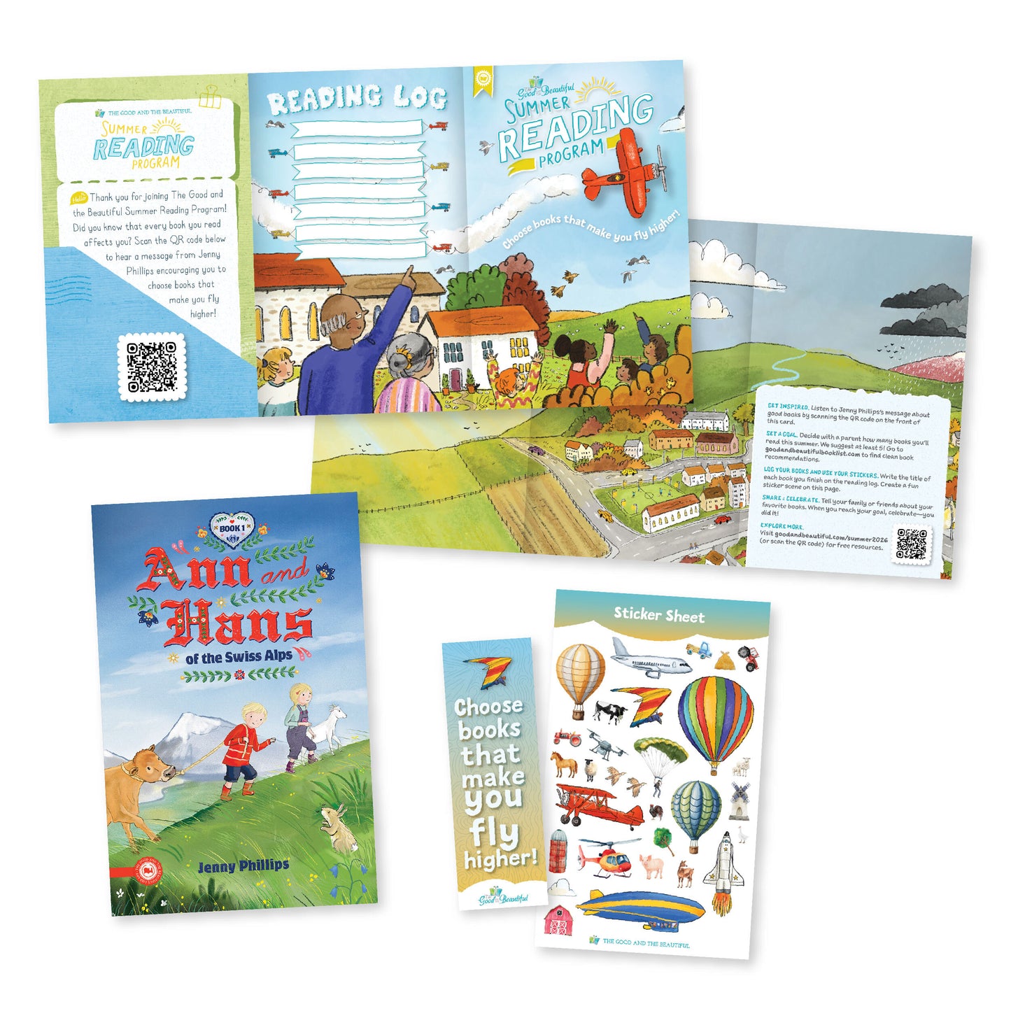 A collage of materials from the 2026 Summer Reading Program including the book "Ann and Hans of the Swiss Alps" | The Good and the Beautiful