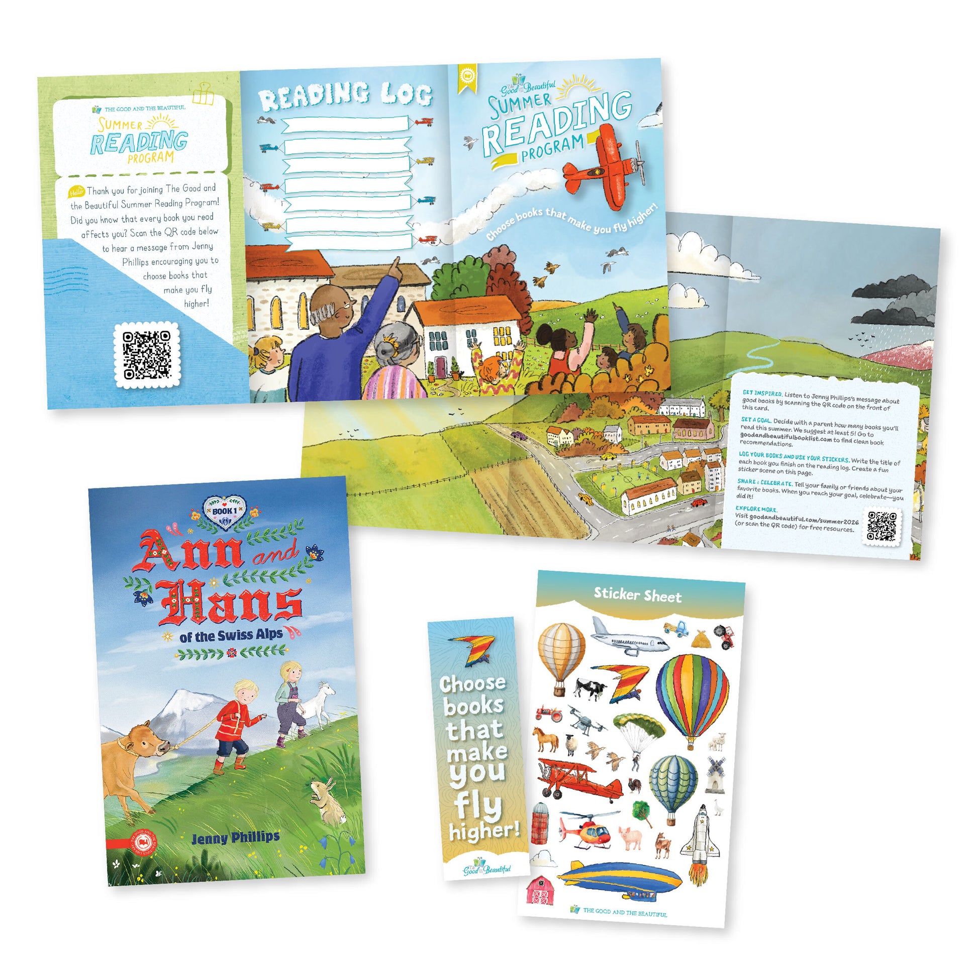 A collage of materials from the 2026 Summer Reading Program including the book "Ann and Hans of the Swiss Alps" | The Good and the Beautiful