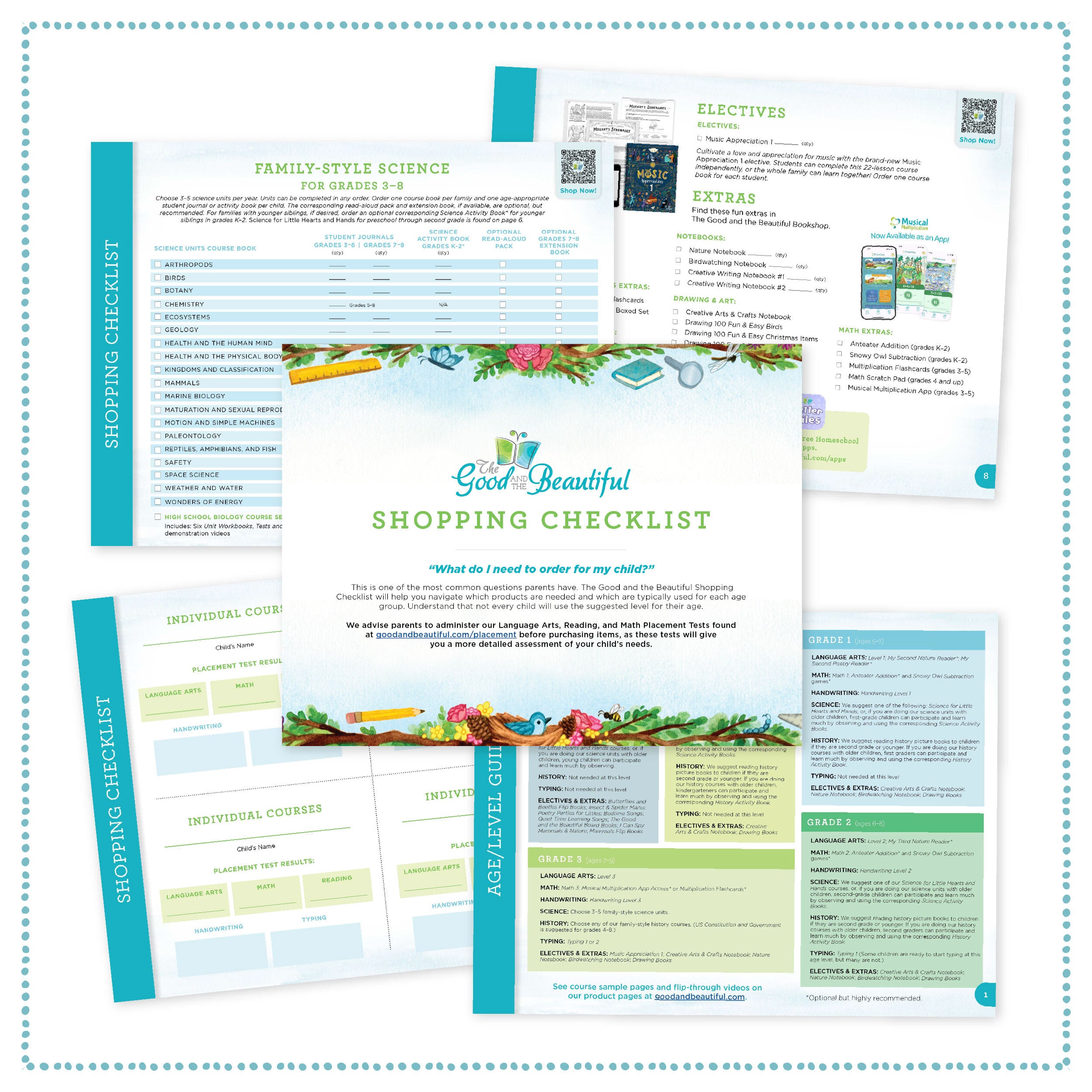 A collage of pages from the homeschool curriculum Shopping Checklist | The Good and the Beautiful
