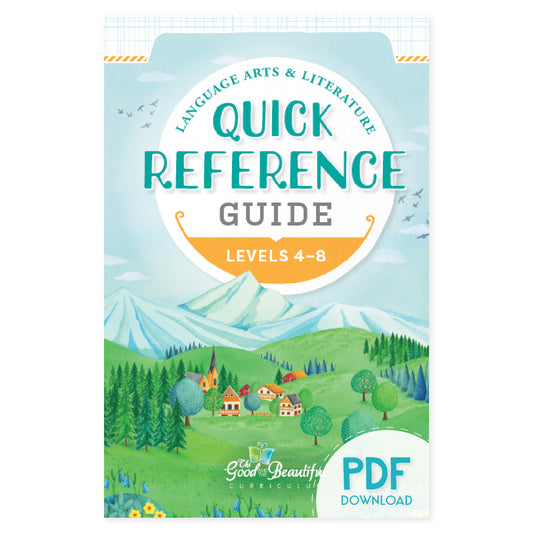 The cover of Language Arts & Literature Quick Reference Guide for levels 4-8 PDF Download version | The Good and the Beautiful