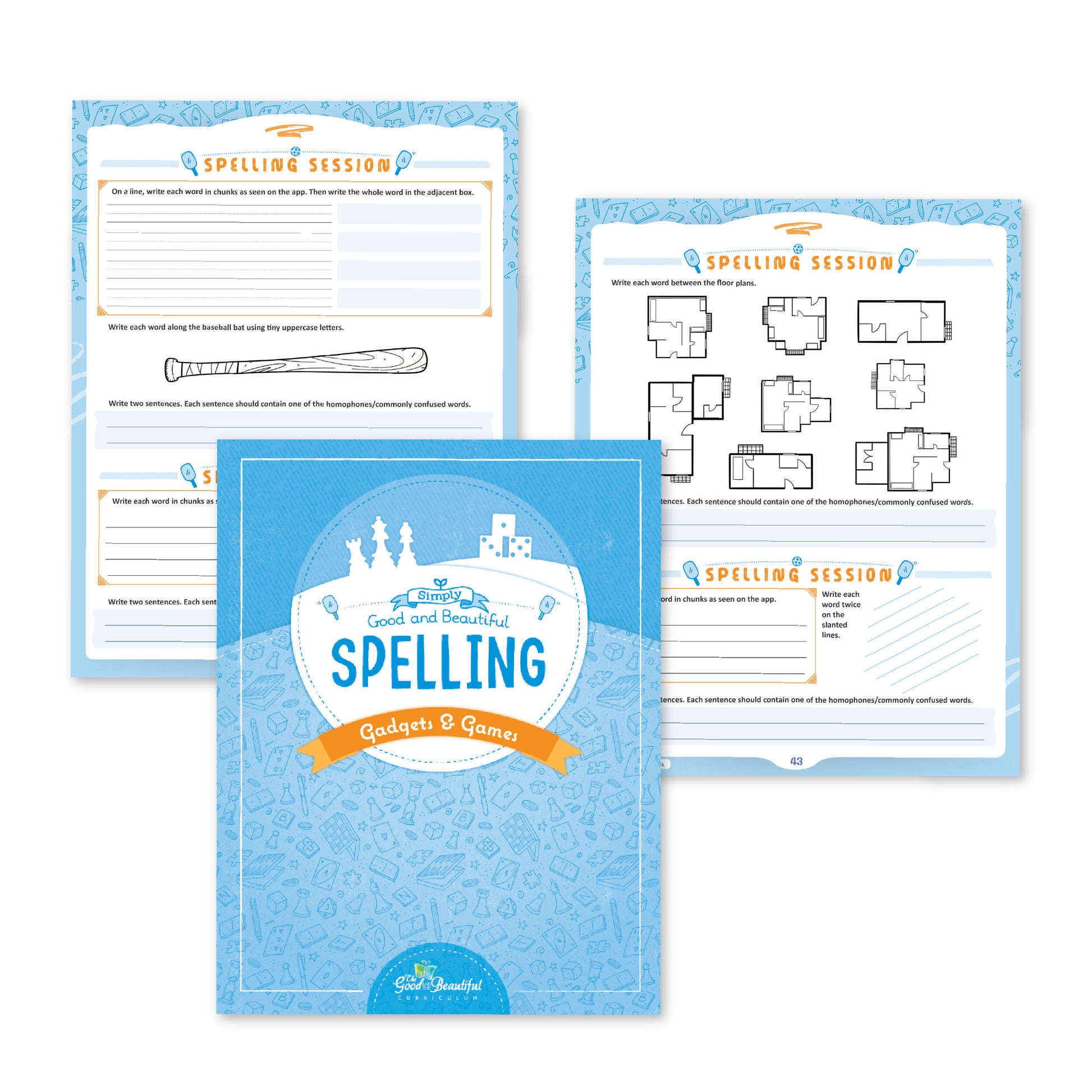 The cover of Simply Good and Beautiful Spelling: Gadgets & Games with a preview of two session pages | The Good and the Beautiful