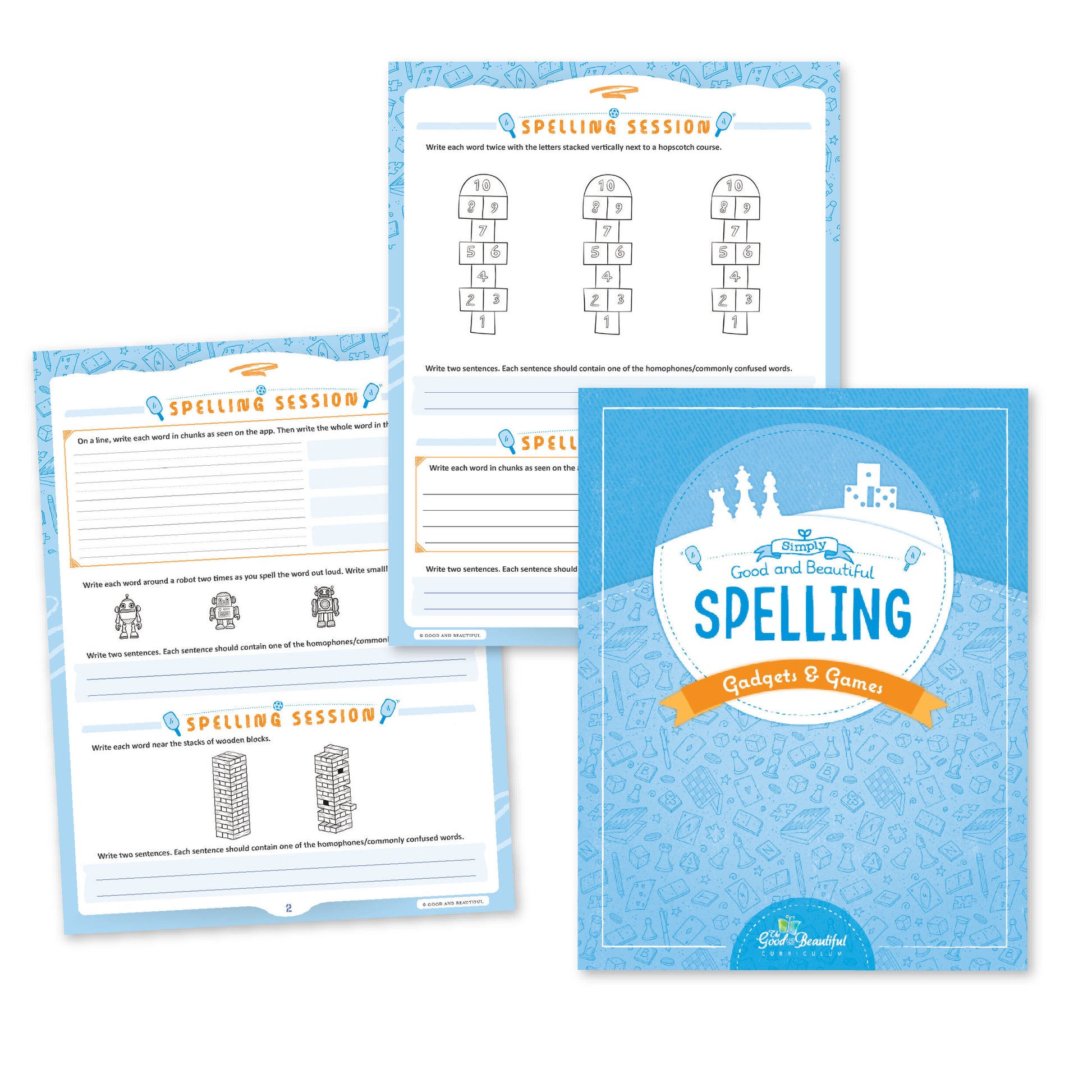 The cover of Simply Good and Beautiful Spelling: Gadgets & Games with two page previews | The Good and the Beautiful