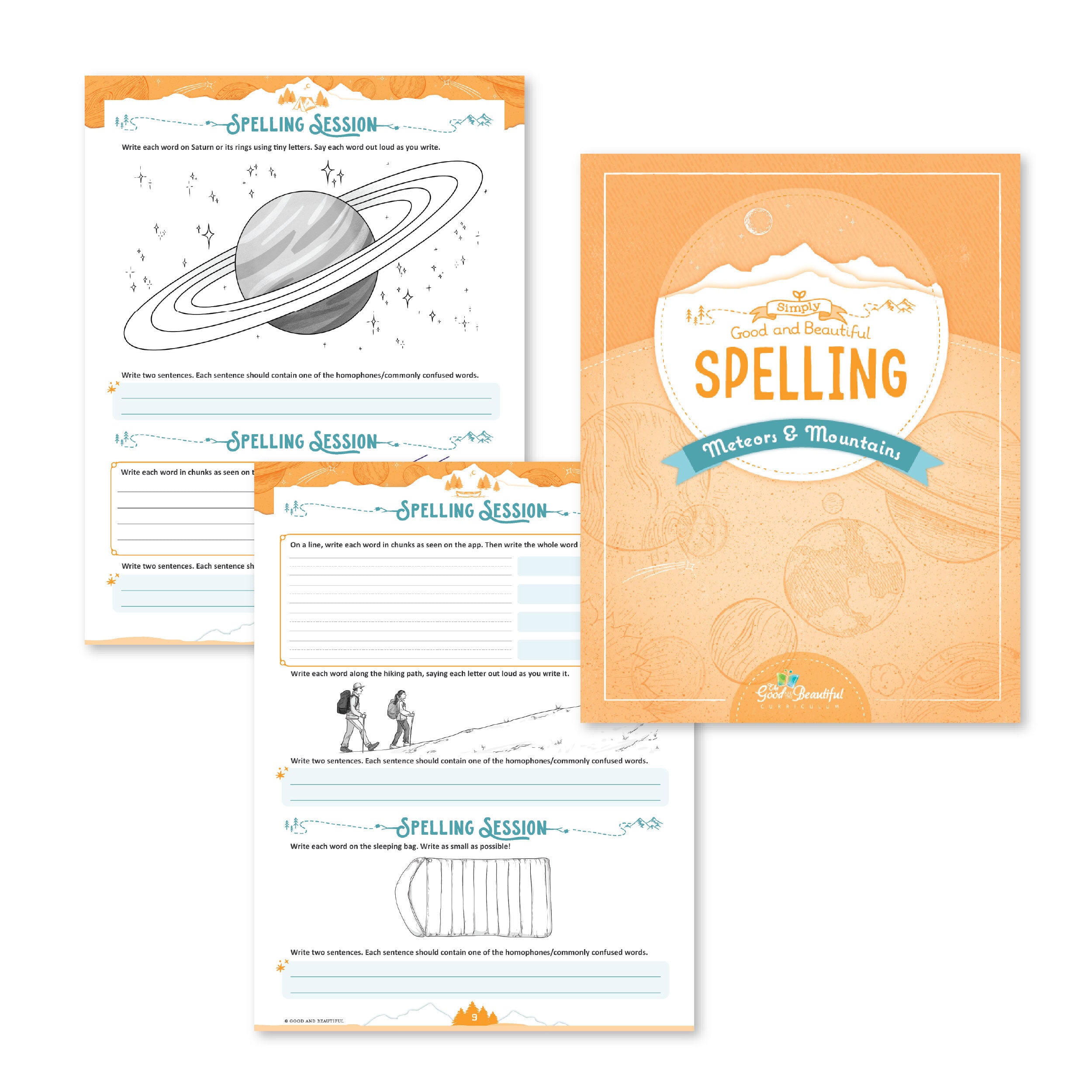 Simply Good and Beautiful Spelling: Meteors & Mountains cover with two sample pages | The Good and the Beautiful
