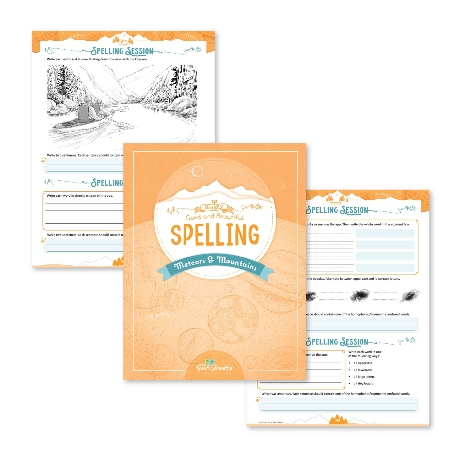 Simply Good and Beautiful Spelling: Meteors and Mountains cover with sample pages | The Good and the Beautiful