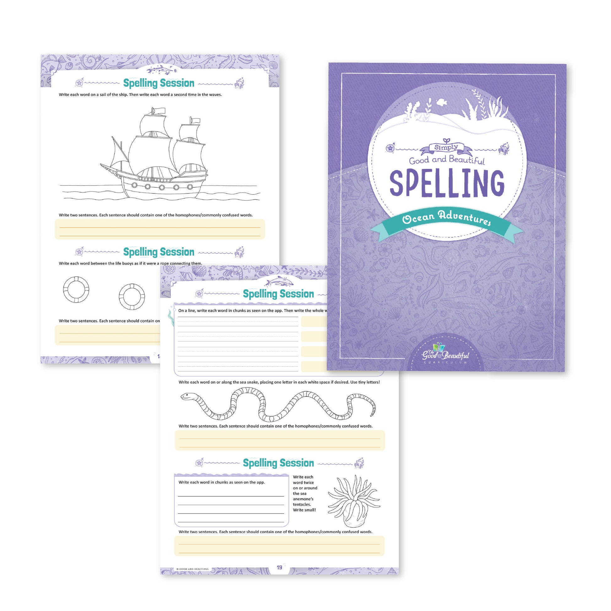 The cover of Simply Good and Beautiful Spelling: Ocean Adventures with a preview of two spelling session pages | The Good and the Beautiful