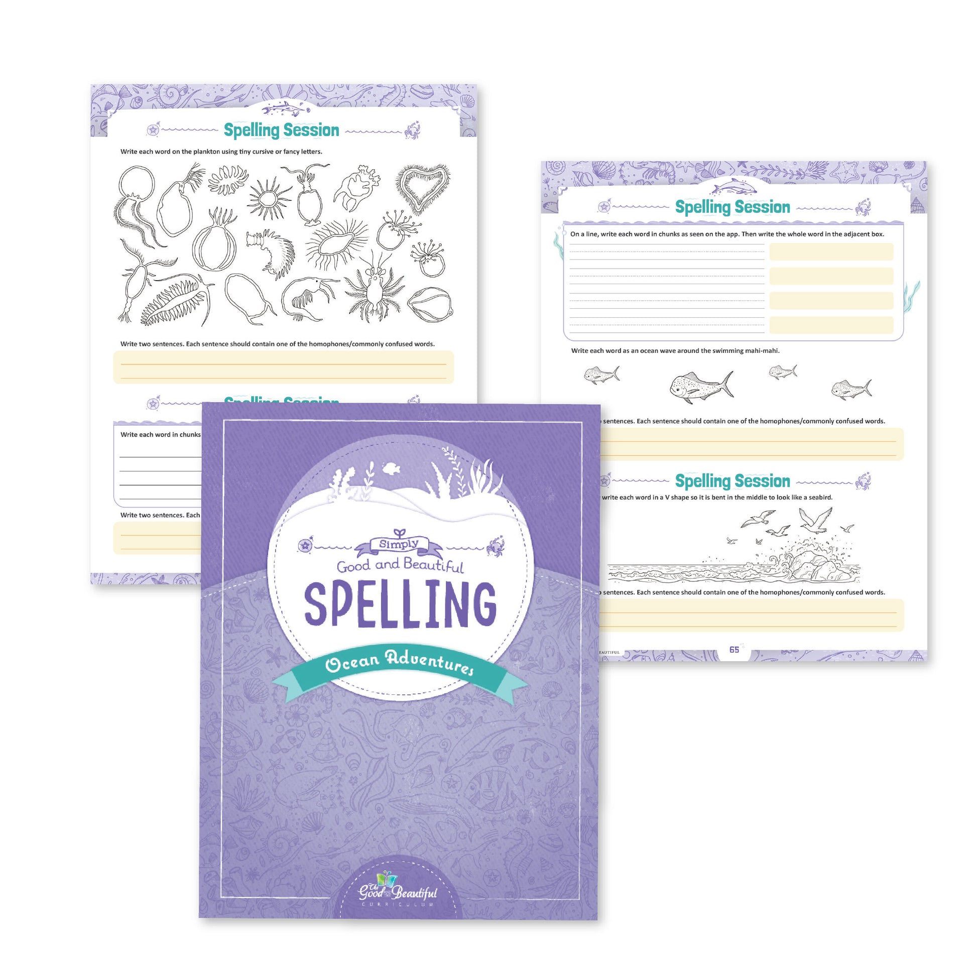 The cover of Simply Good and Beautiful Spelling: Ocean Adventures with two page previews | The Good and the Beautiful