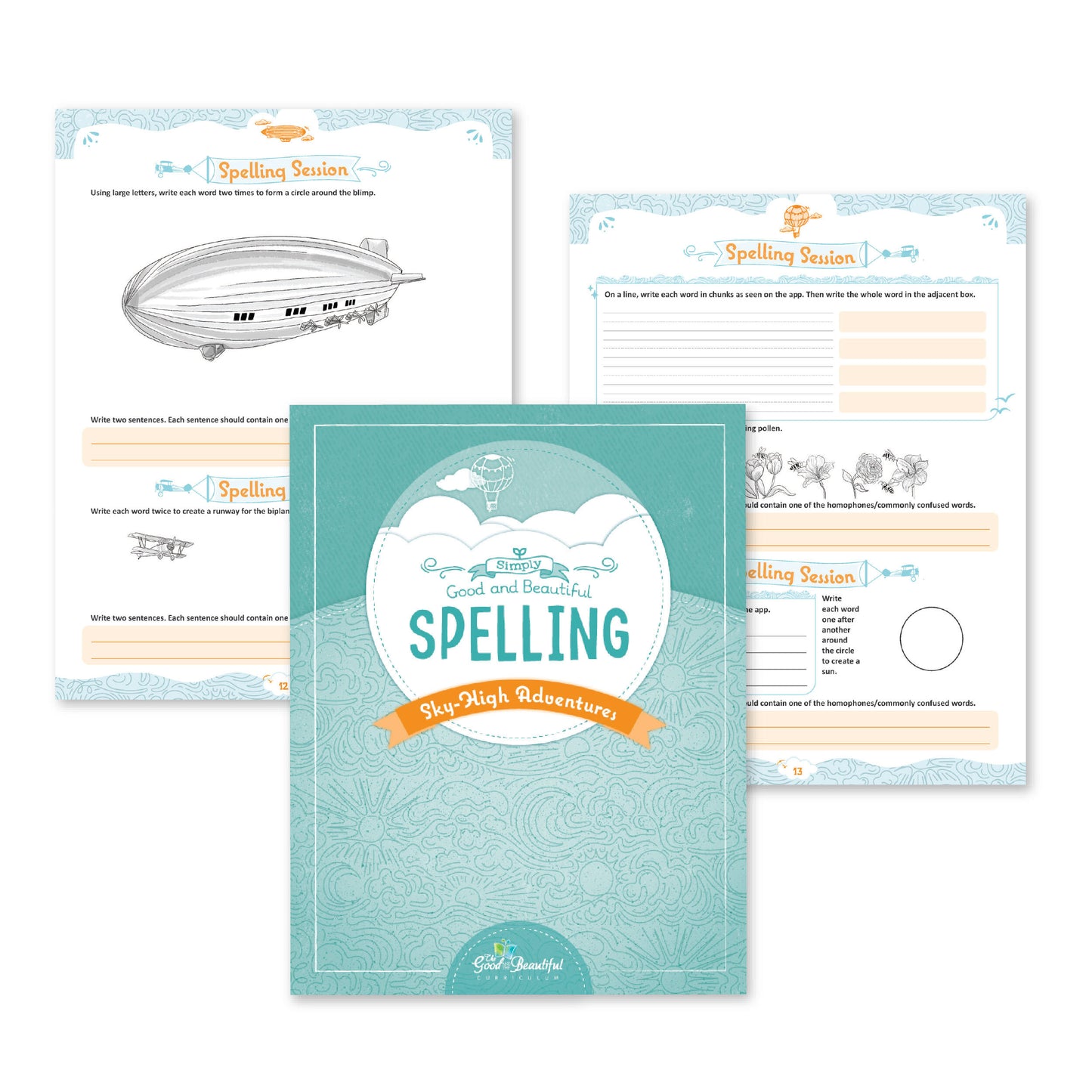 The cover of Simply Good and Beautiful Spelling: Sky-High Adventures with a preview of two spelling session pages | The Good and the Beautiful