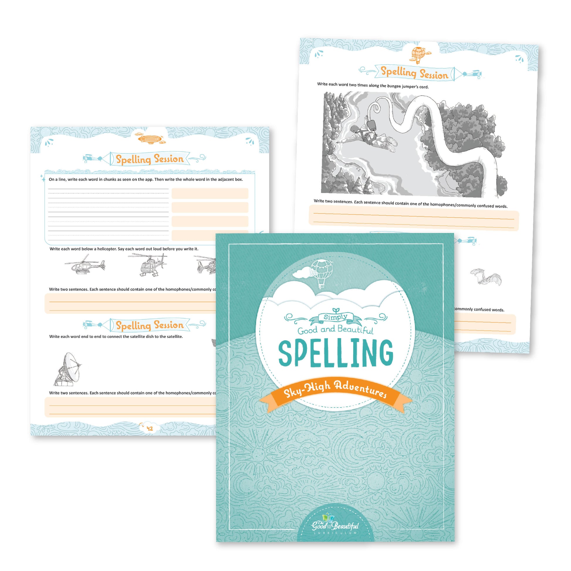 The cover of Simply Good and Beautiful Spelling: Sky-High Adventures with two page previews | The Good and the Beautiful