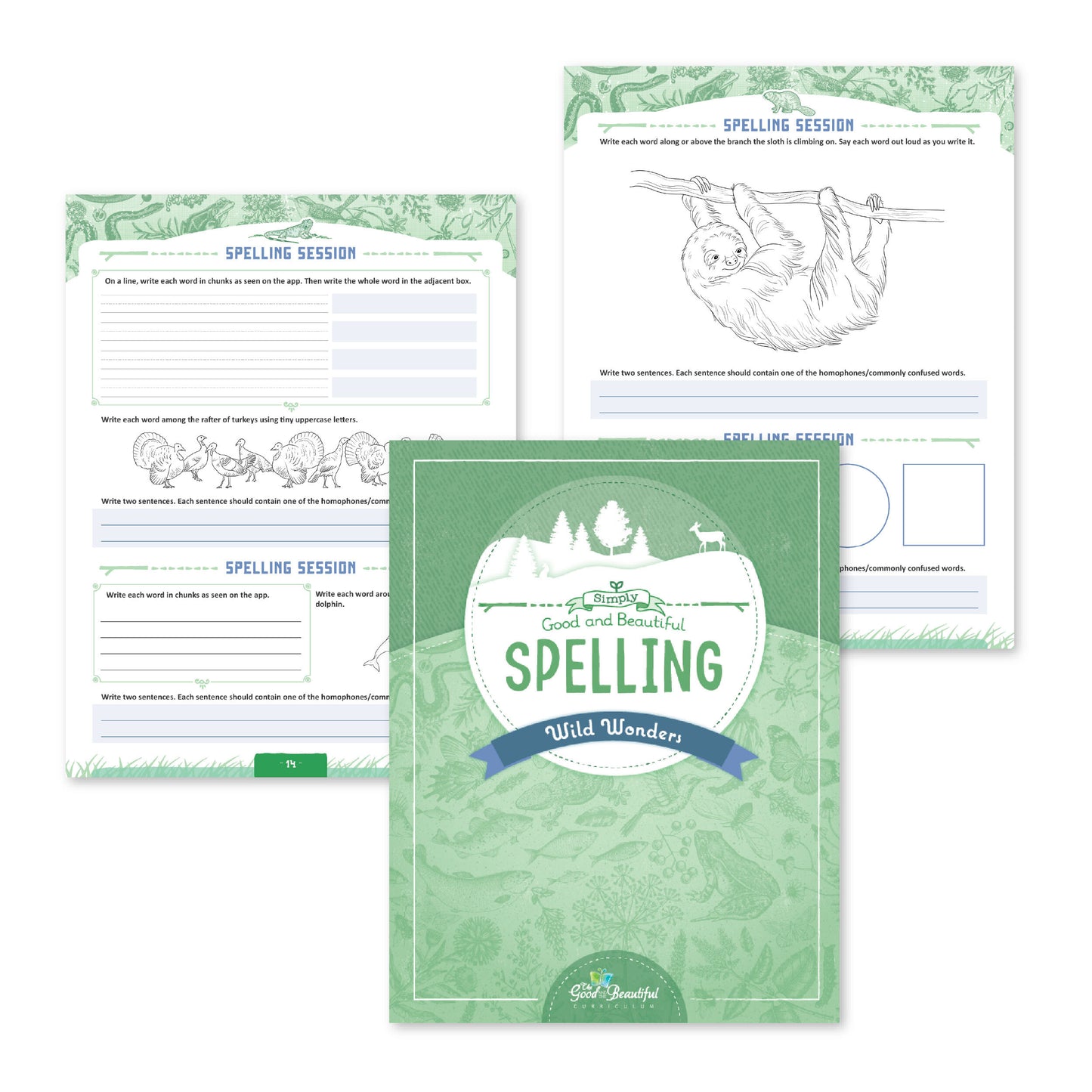 Simply Good and Beautiful Spelling: Wild Wonders cover and two sample pages | The Good and the Beautiful