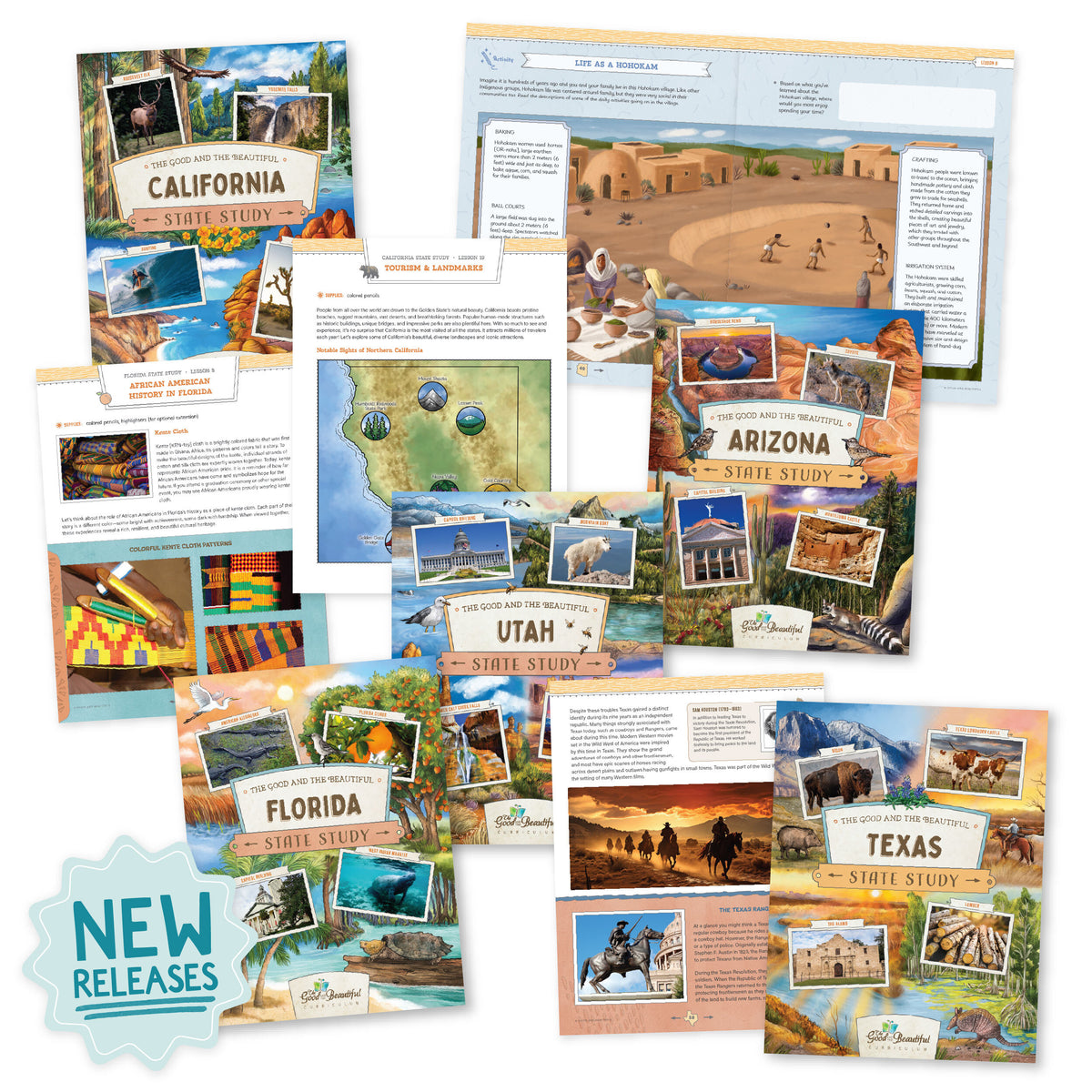A collage of the state study courses with a sticker that says "New Releases" | The Good and the Beautiful